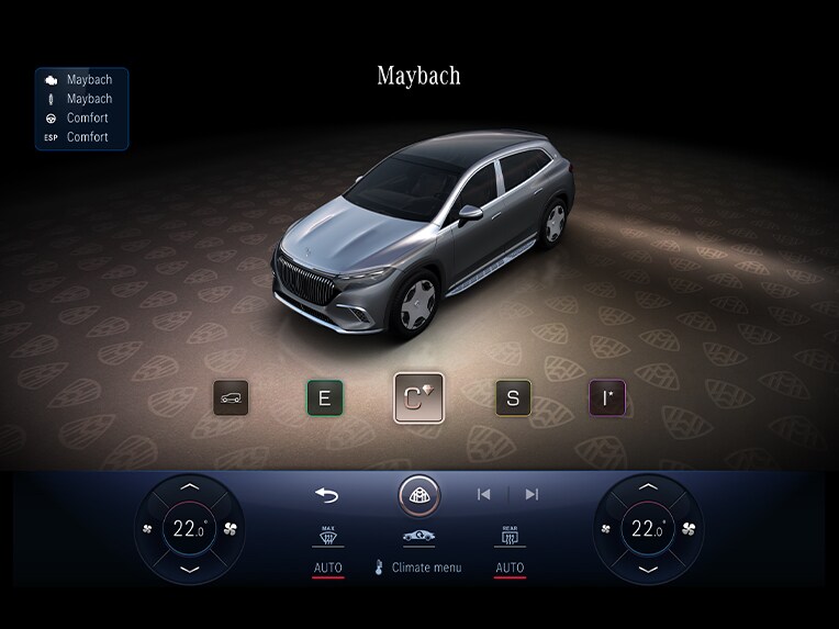 Het centrale display in het interieur van de Mercedes-Maybach EQS SUV toont het MAYBACH-rijprogramma.