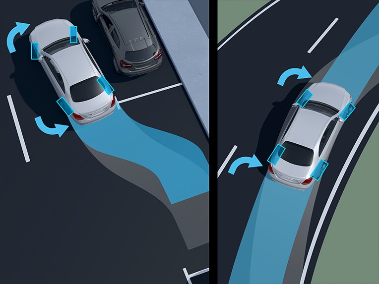 Illustratie van de functies van de gestuurde achteras van de Mercedes-Maybach EQS SUV.