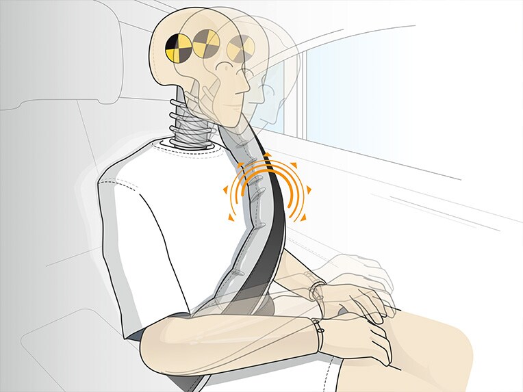 Illustratie van de werking van de beltbag in de Mercedes-Maybach S-Klasse.