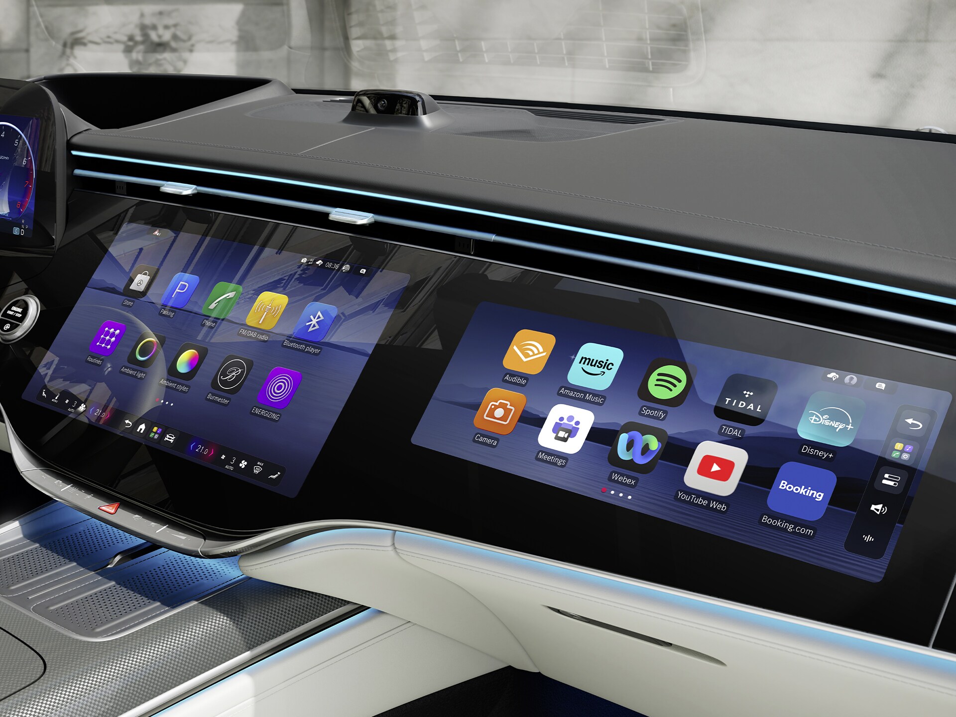 Het MBUX superscreen in de cockpit van de nieuwe Mercedes-Benz S-Klasse Limousine verlengde versie toont MB.OS van Mercedes-Benz.