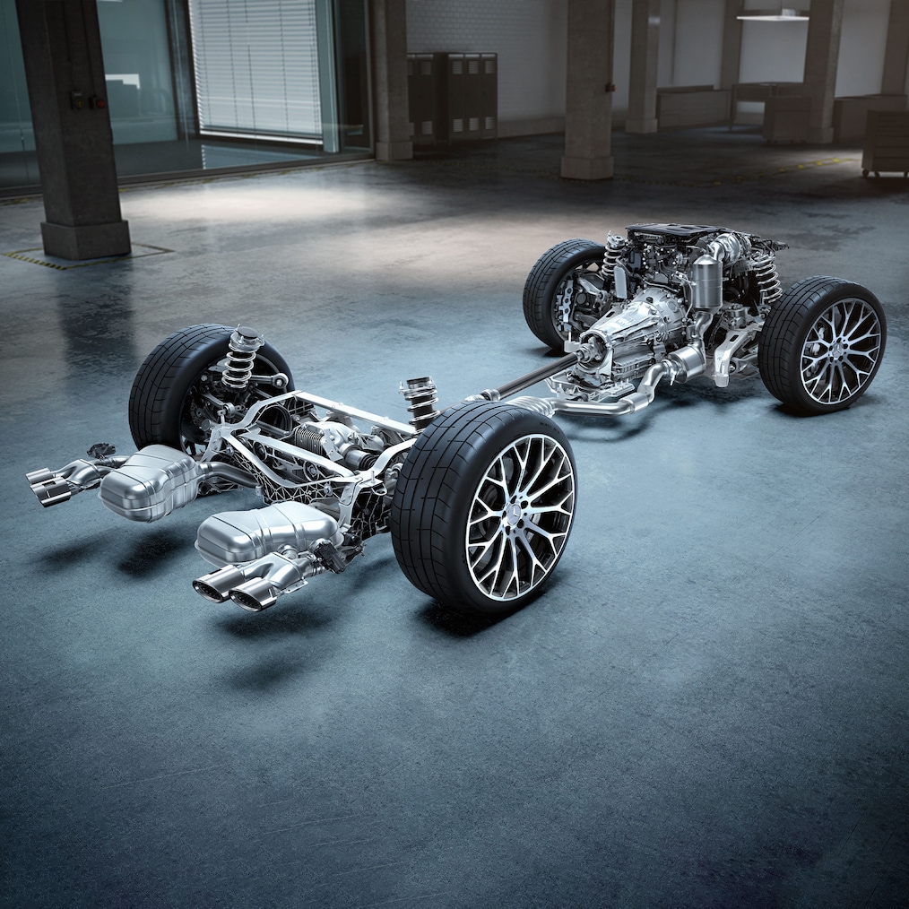 Aandrijflijn van de Mercedes-AMG SL Roadster in een technische ruimte.