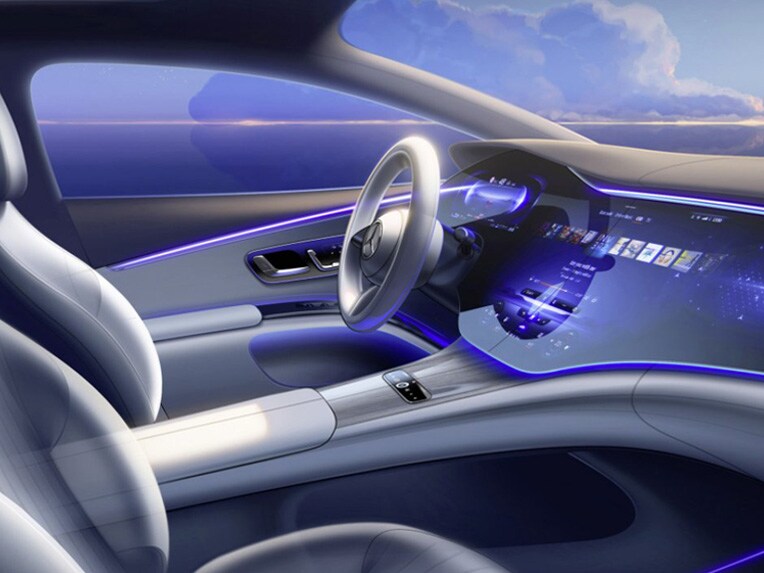 Het interieur van een elektrische model van Mercedes-Benz.