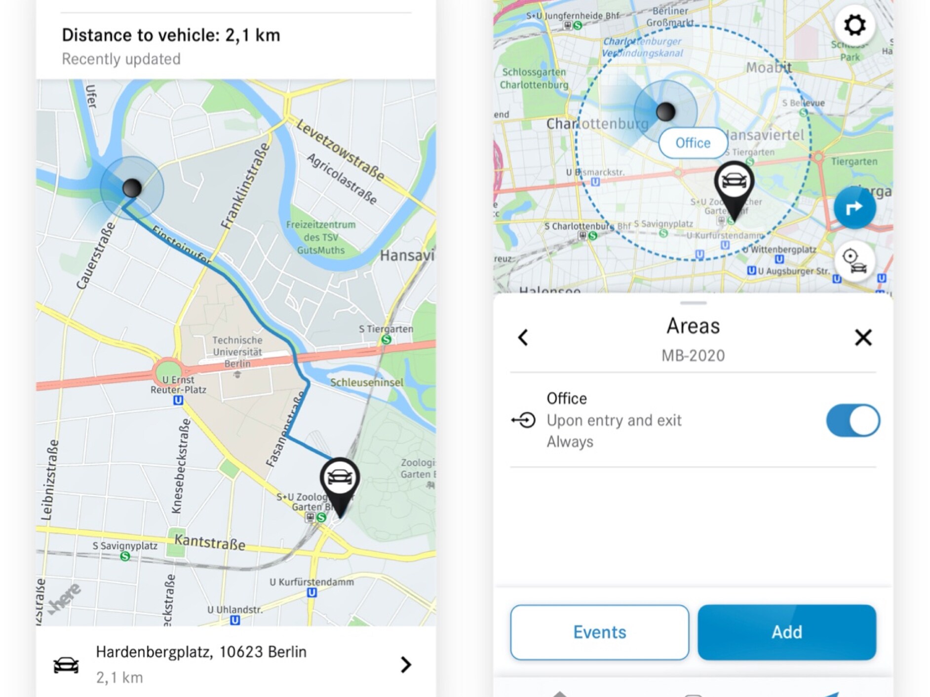 Op een smartphone wordt dankzij het digitale extra 'Geografisch voertuigvolgsysteem' weergegeven of de auto een bepaald gebied in- of uitrijdt.