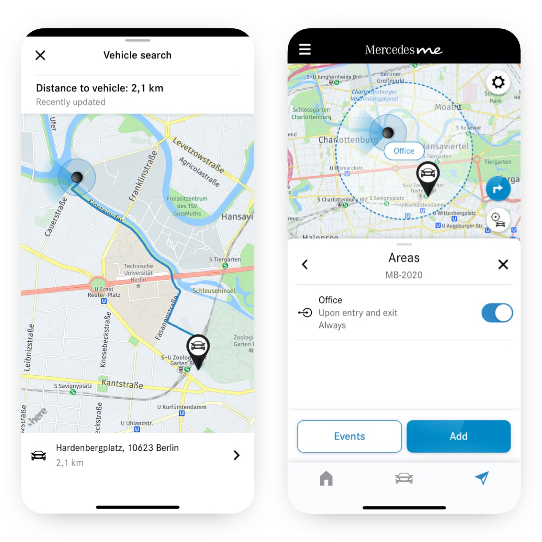 Geografisch voertuigvolgsysteem | Remote | Mercedes me Op een smartphone wordt dankzij het digitale extra 'Geografisch voertuigvolgsysteem' weergegeven of de auto een bepaald gebied in- of uitrijdt.