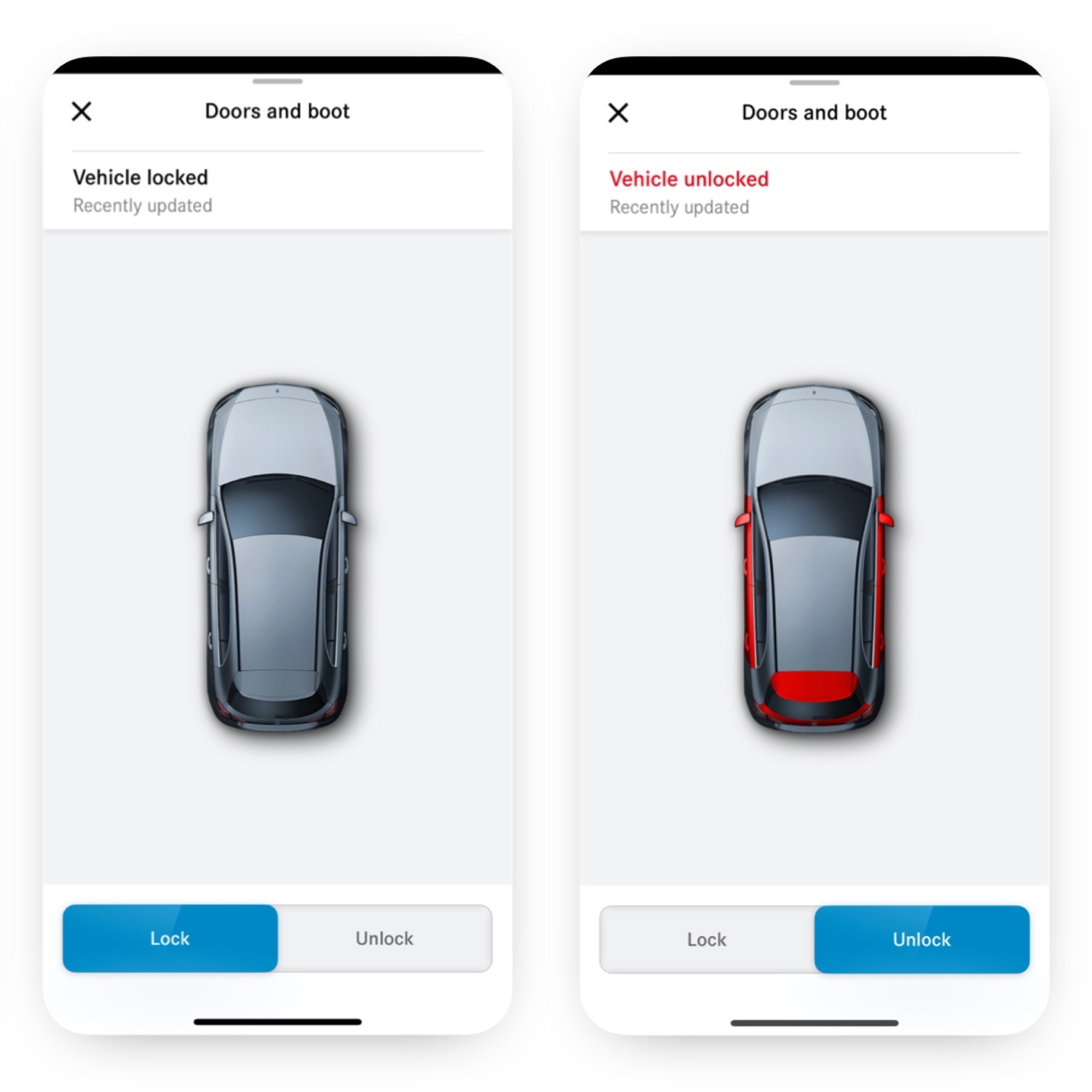Op afstand vergrendelen en ontgrendelen | Excellence-pakket | Mercedes-Benz Op een smartphone zijn de verschillende schermen te zien die worden weergegeven wanneer de Digitale extra 'Op afstand ver-/ontgrendelen van voertuig' vaststelt dat niet alle portieren zijn vergrendeld.