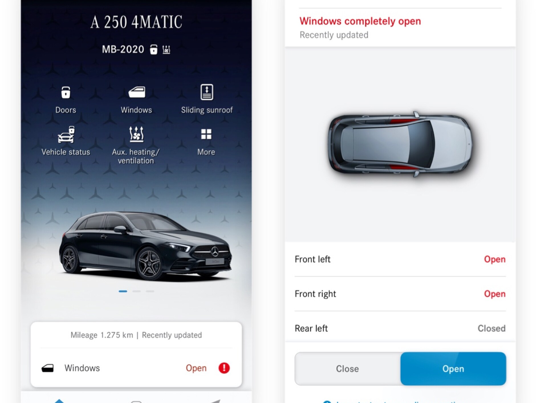 Een smartphone toont de verschillende schermen die worden weergegeven wanneer het digitale extra 'Ruiten op afstand bedienen' vaststelt dat niet alle ruiten zijn gesloten.