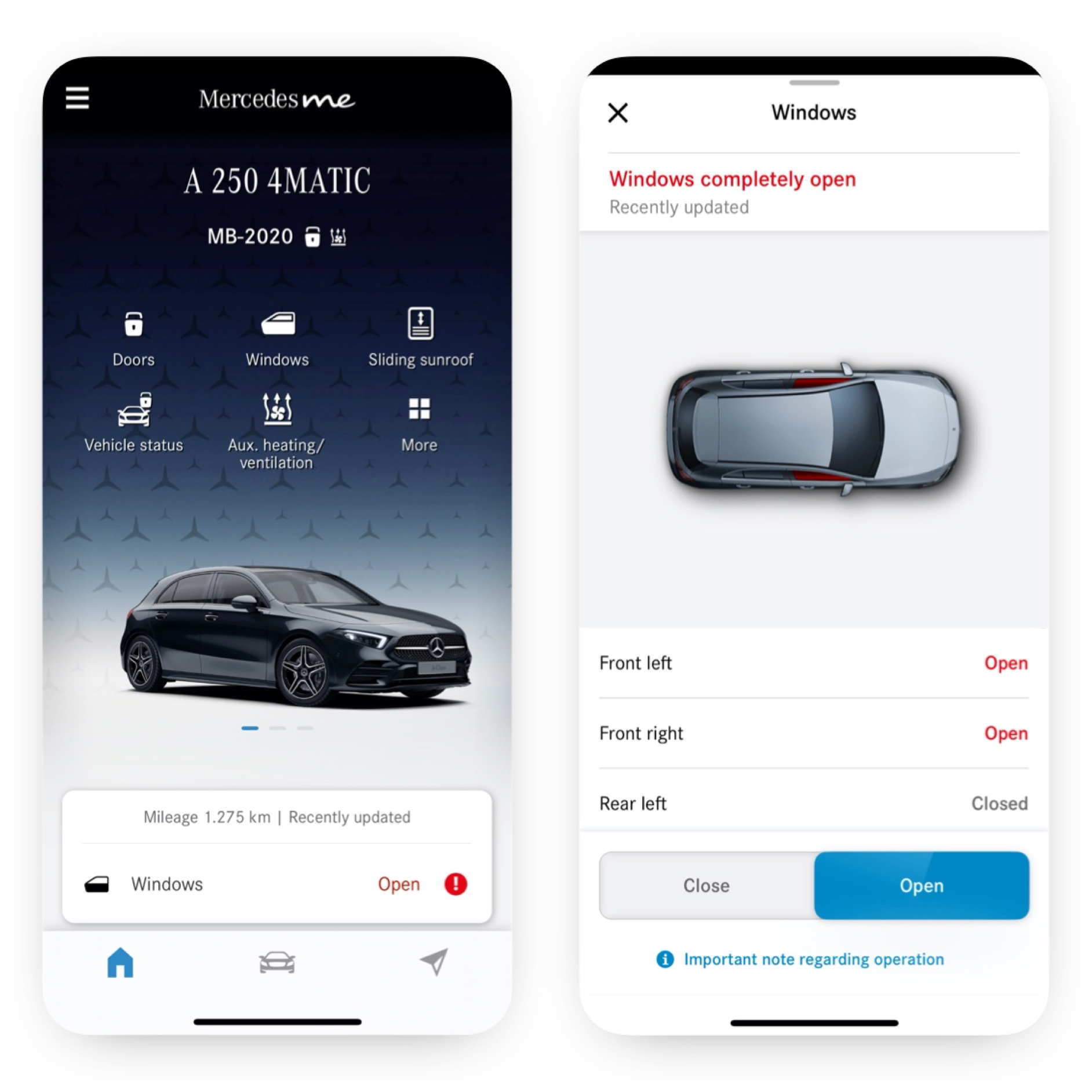 Ruiten op afstand bedienen | Remote | Mercedes me Een smartphone toont de verschillende schermen die worden weergegeven wanneer het digitale extra 'Ruiten op afstand bedienen' vaststelt dat niet alle ruiten zijn gesloten.