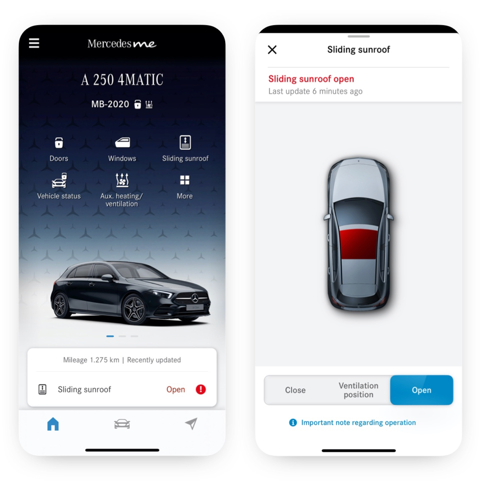 Ruiten en schuifdak op afstand bedienen | Remote | Mercedes me Op een smartphone zijn de verschillende schermen te zien die worden weergegeven wanneer het digitale extra 'Ruiten en schuifdak op afstand bedienen' vaststelt dat het schuifdak niet is vergrendeld.