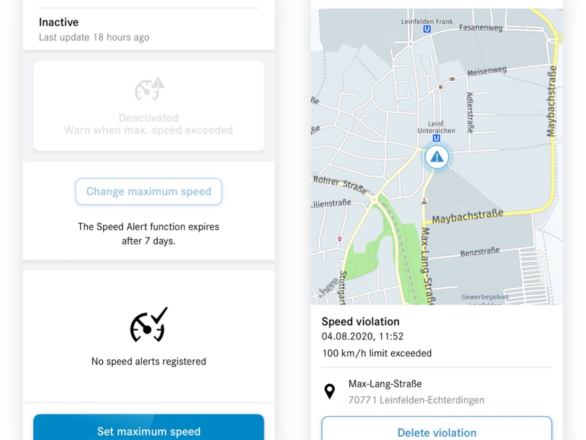 Op een smartphone zijn de verschillende schermen te zien die worden weergegeven wanneer de Digitale extra 'Snelheidswaarschuwing' is geactiveerd en een melding geeft.