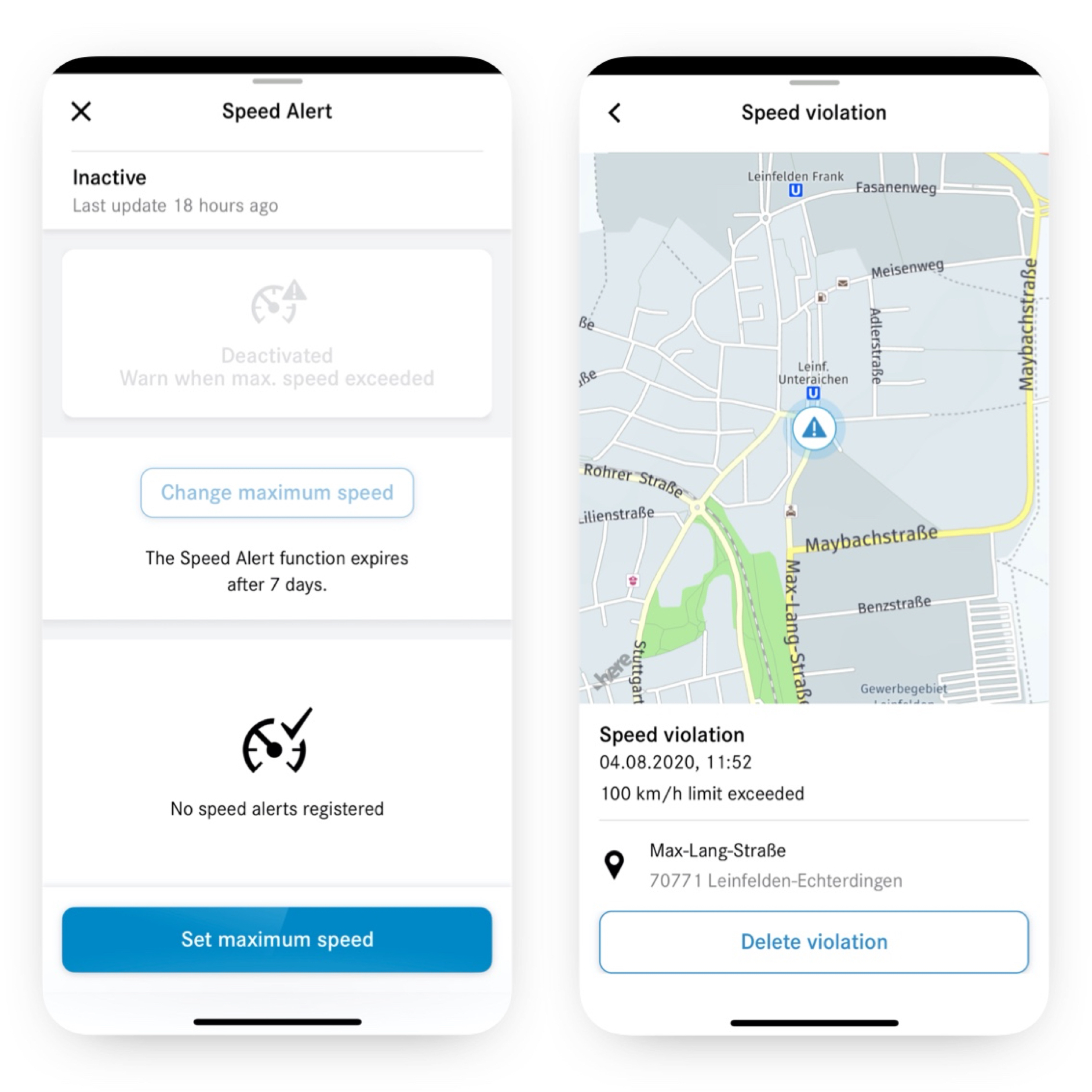Snelheidswaarschuwing | Remote | Mercedes-Benz Op een smartphone zijn de verschillende schermen te zien die worden weergegeven wanneer de Digitale extra 'Snelheidswaarschuwing' is geactiveerd en een melding geeft.