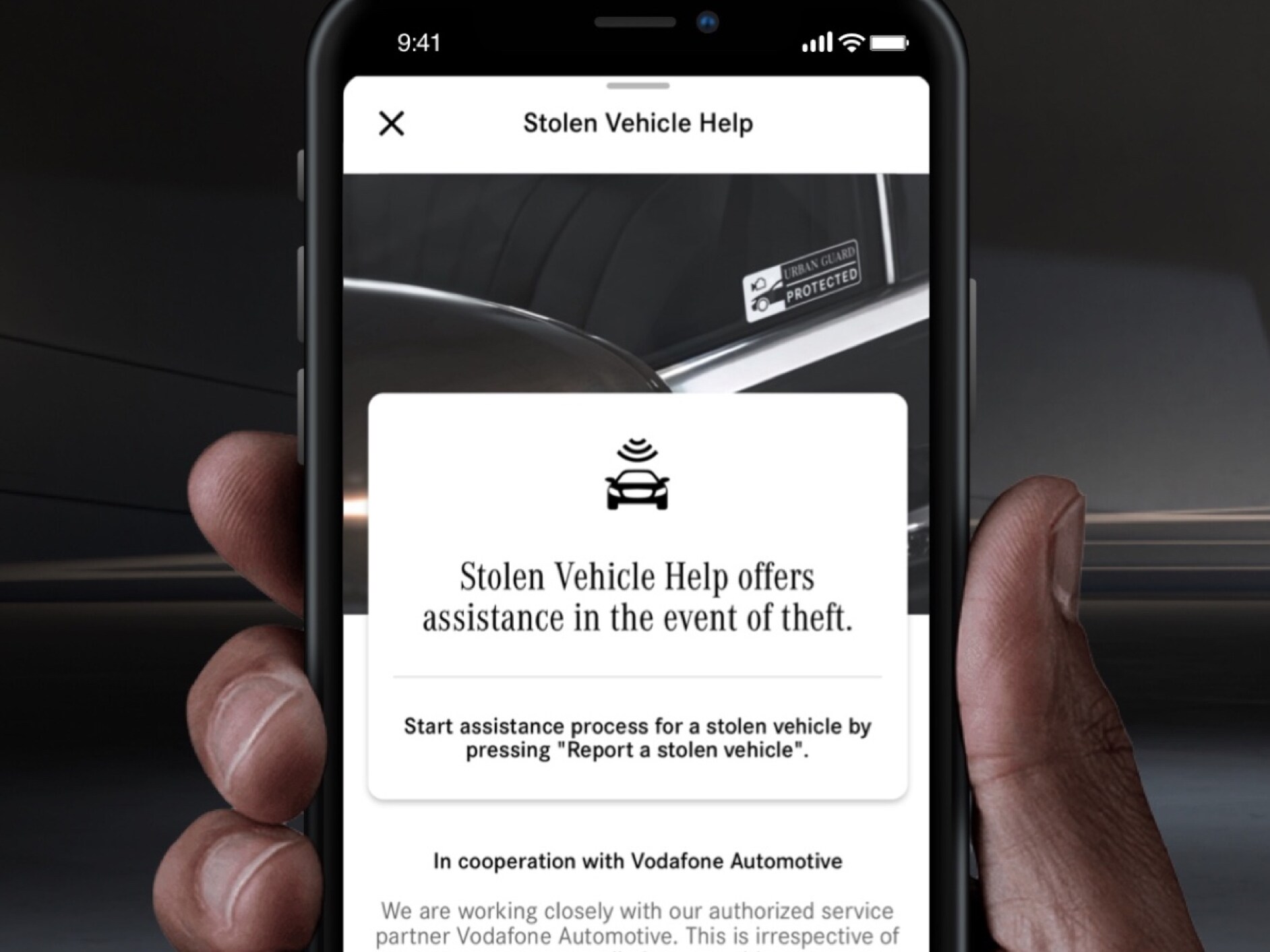 Op een smartphone wordt via het digitale extra voor GUARD 360° hulp geboden bij diefstal van een auto.