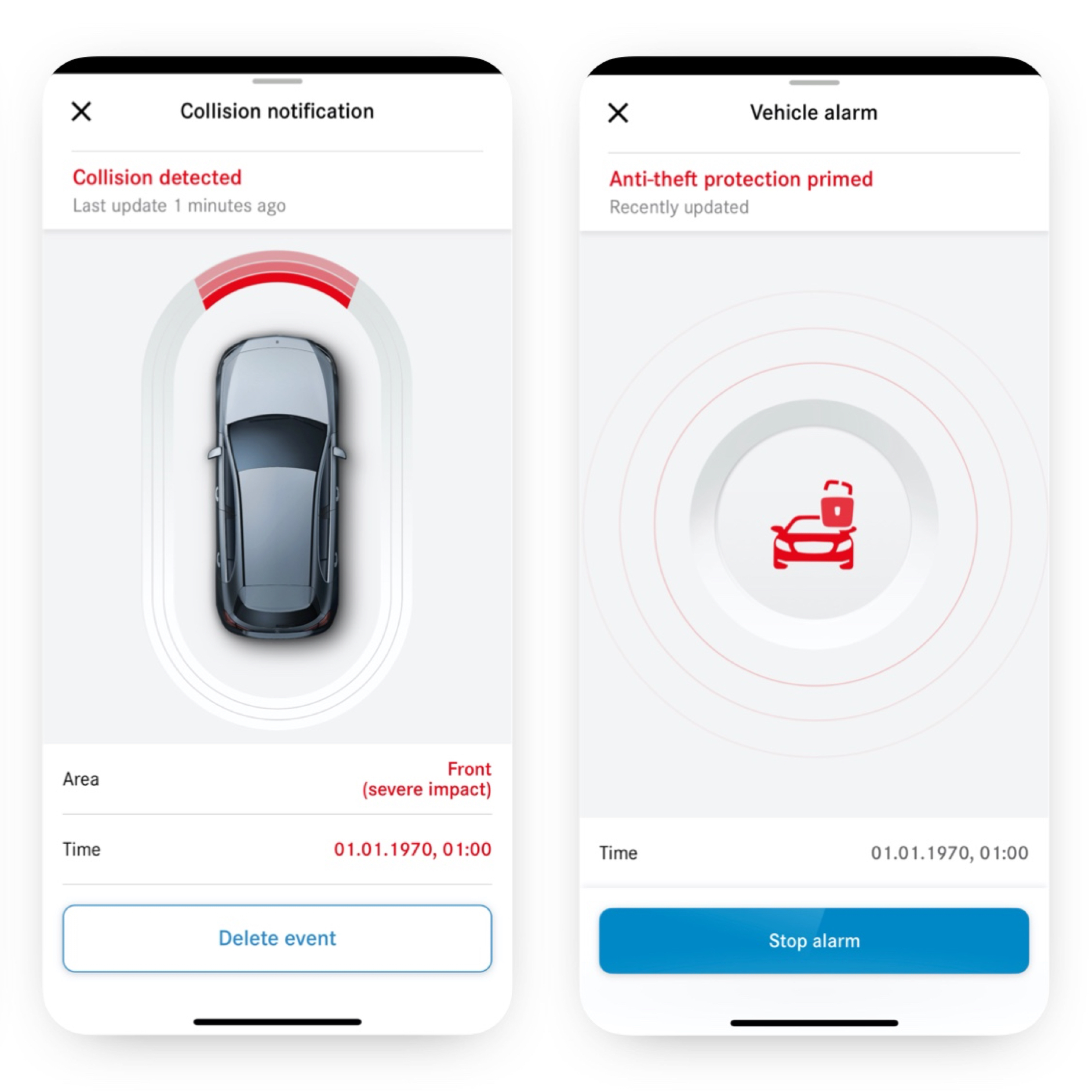 Melding van diefstal en botsingdetectie | Remote | Mercedes-Benz Met de Digitale extra 'Diefstalmelding met botsingherkenning' wordt op een smartphone weergegeven dat er een botsing heeft plaatsgevonden.