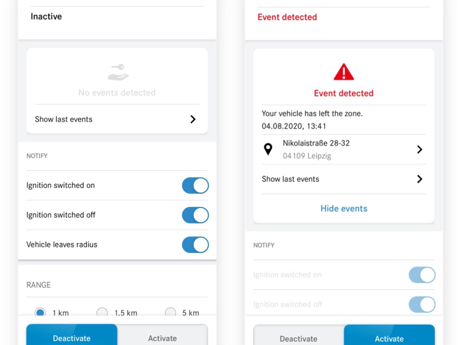 Op een smartphone zijn verschillende schermen te zien die worden weergegeven wanneer de Digitale extra 'Valet Protect' een melding geeft.