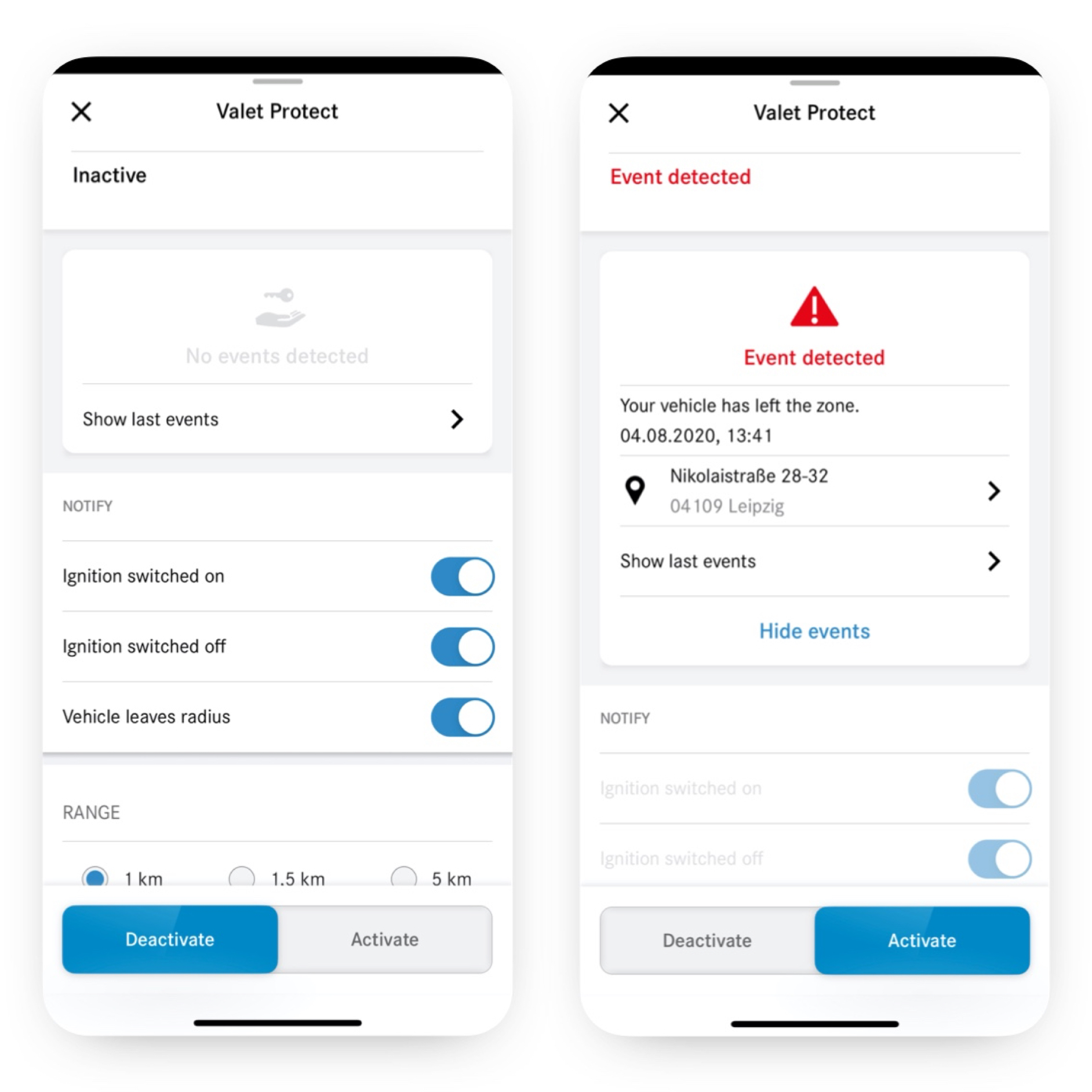 Valet Protect | Excellence-pakket | Mercedes-Benz Op een smartphone zijn verschillende schermen te zien die worden weergegeven wanneer de Digitale extra 'Valet Protect' een melding geeft.