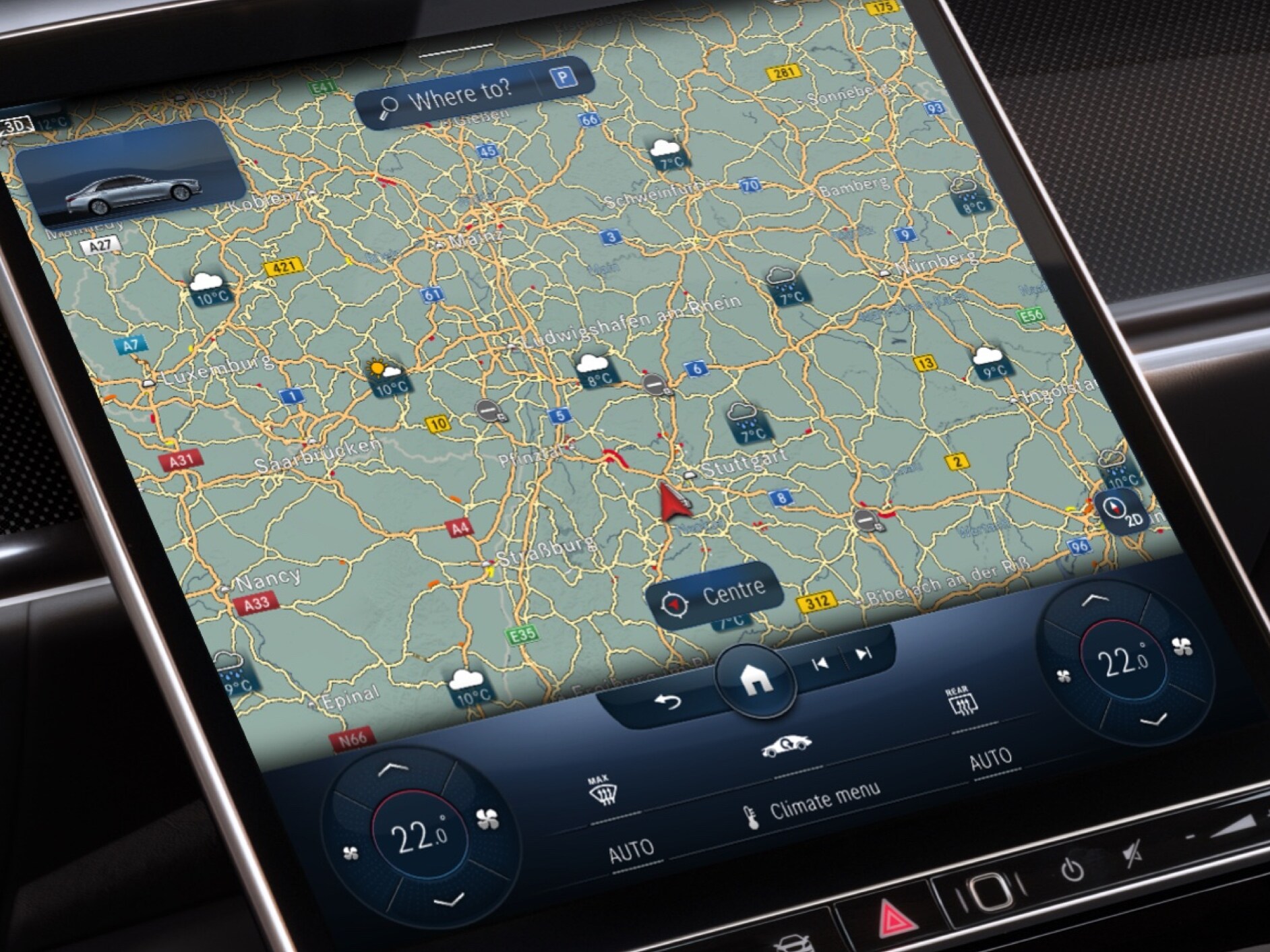 Op het display van het MBUX multimediasysteem wordt dankzij de Digitale extra 'Weerkaart' de weersvoorspelling in de regio van de bestemming weergegeven.