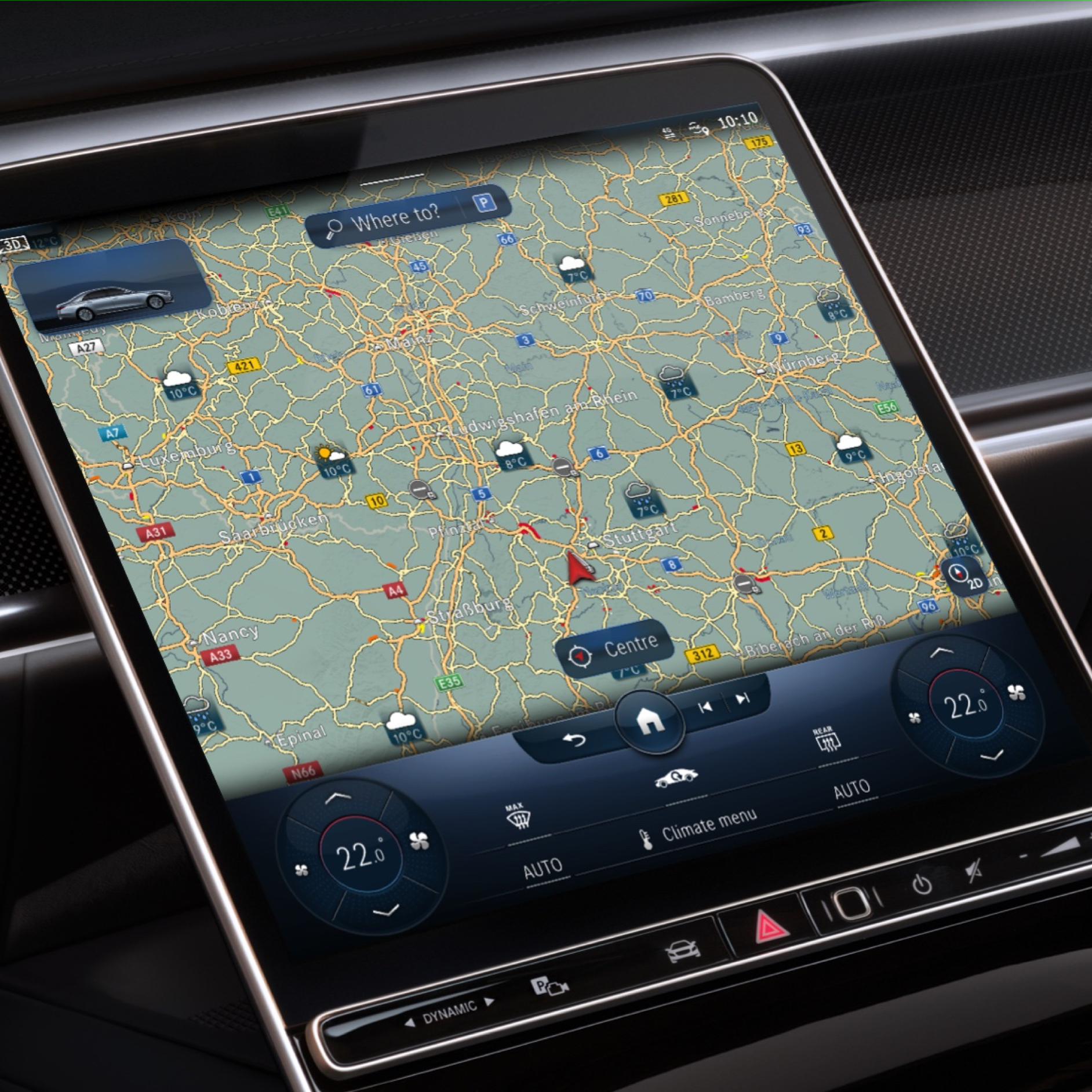 Weerkaart | Navigatie | Mercedes-Benz Op het display van het MBUX multimediasysteem wordt dankzij de Digitale extra 'Weerkaart' de weersvoorspelling in de regio van de bestemming weergegeven.