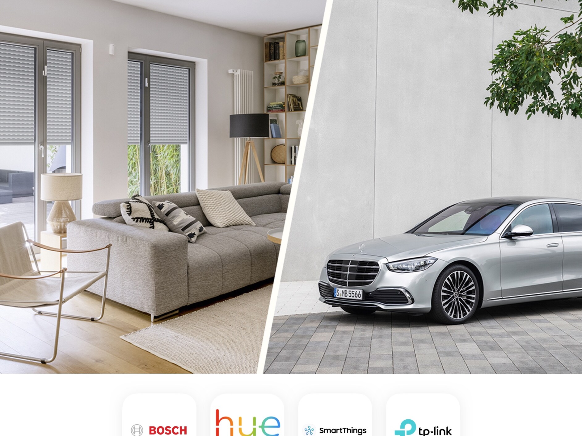 De afbeelding toont een collage waarop een ingerichte woning en een Mercedes-Benz te zien zijn. De verschillende smarthome-aanbieders die met Mercedes-Benz samenwerken zijn eveneens te zien.
