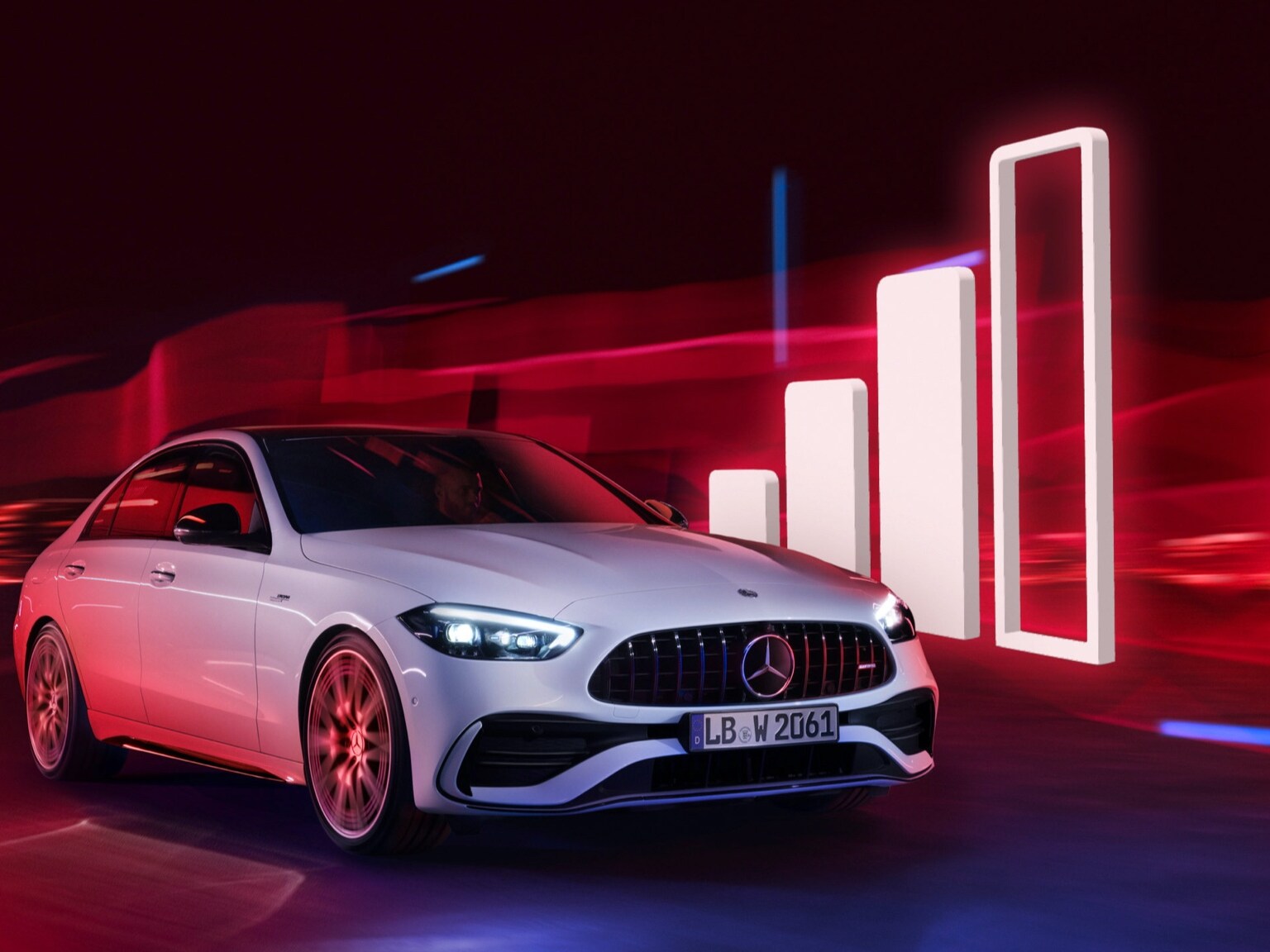 Een Mercedes-Benz rijdt langs een grafische weergave van een ontvangstsignaalbalk.