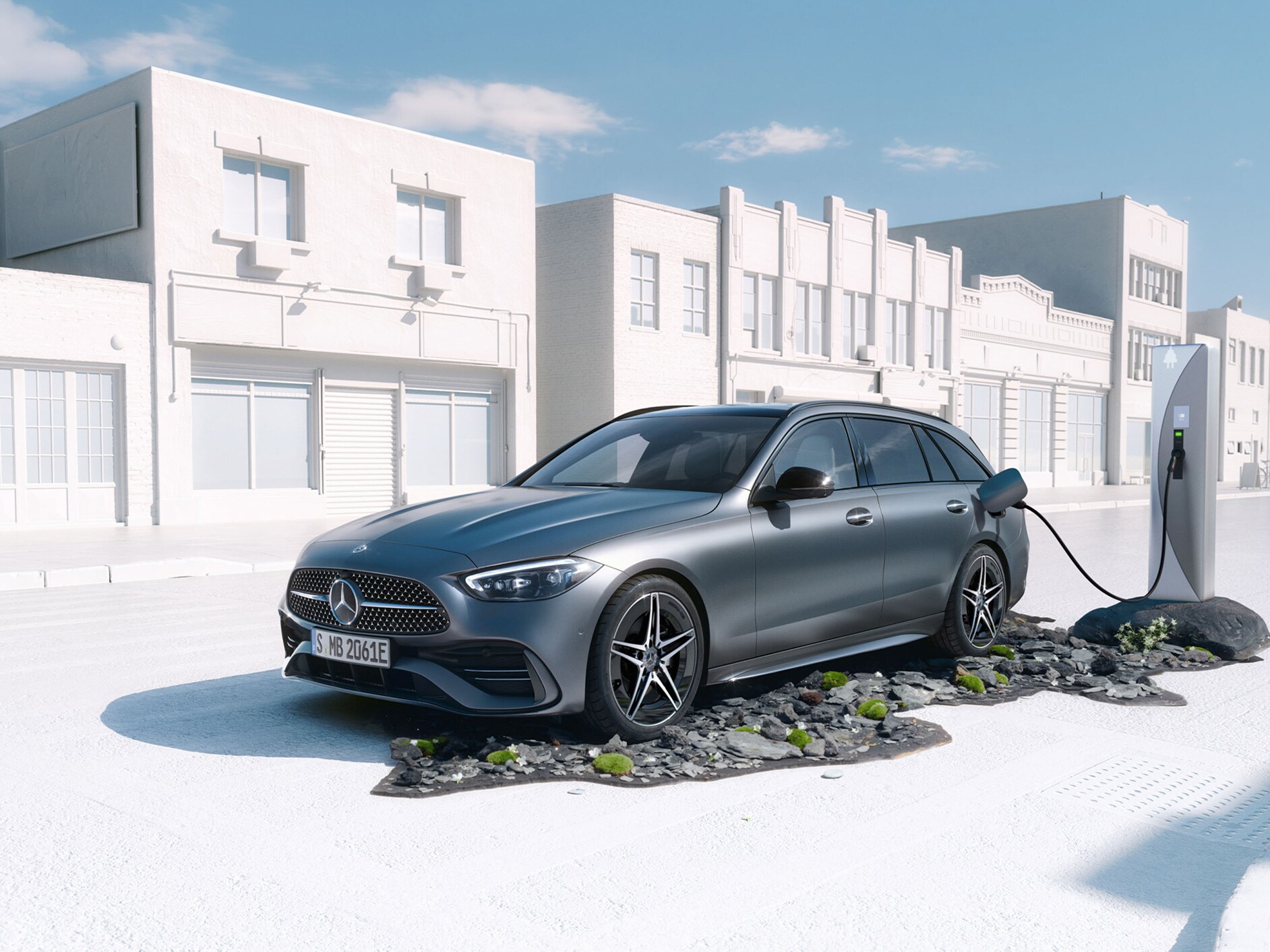 Schuin vooraanzicht van de C-Klasse C 300 e Estate van Mercedes-Benz