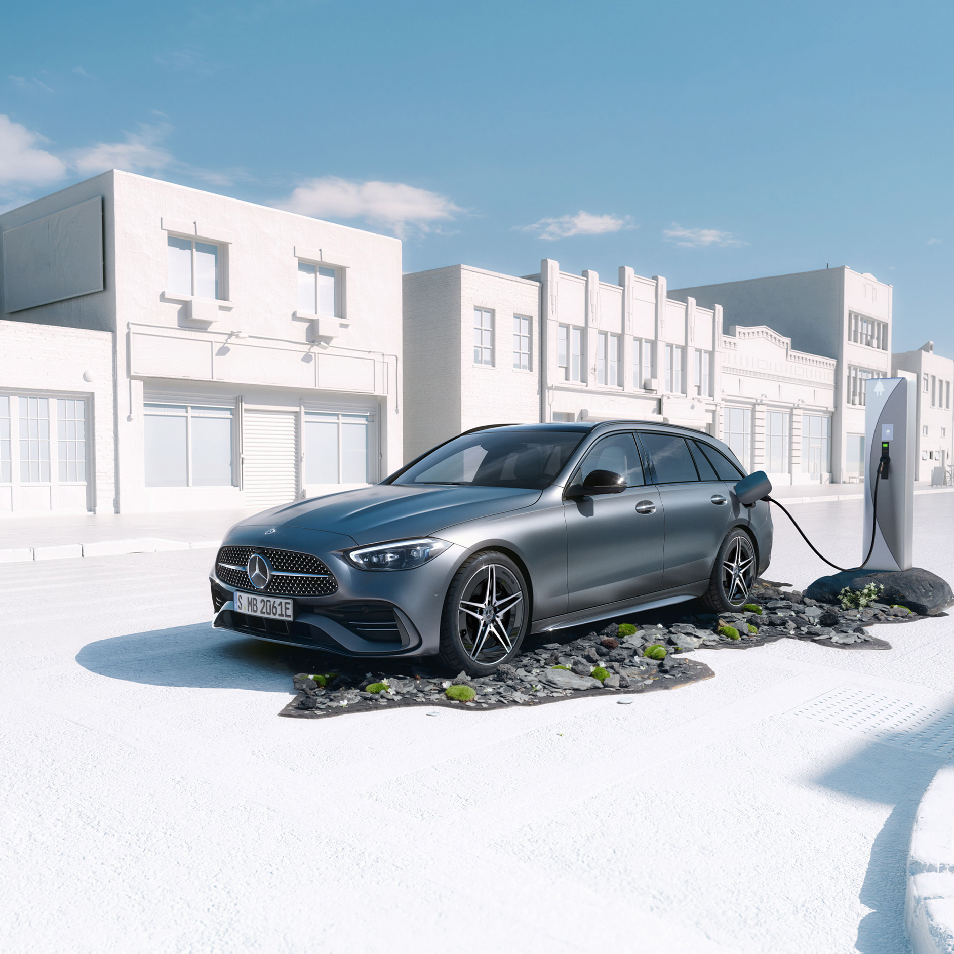 Mercedes-Benz | Land Sea Air | Plug-in hybrid-modellen Schuin vooraanzicht van de C-Klasse C 300 e Estate van Mercedes-Benz