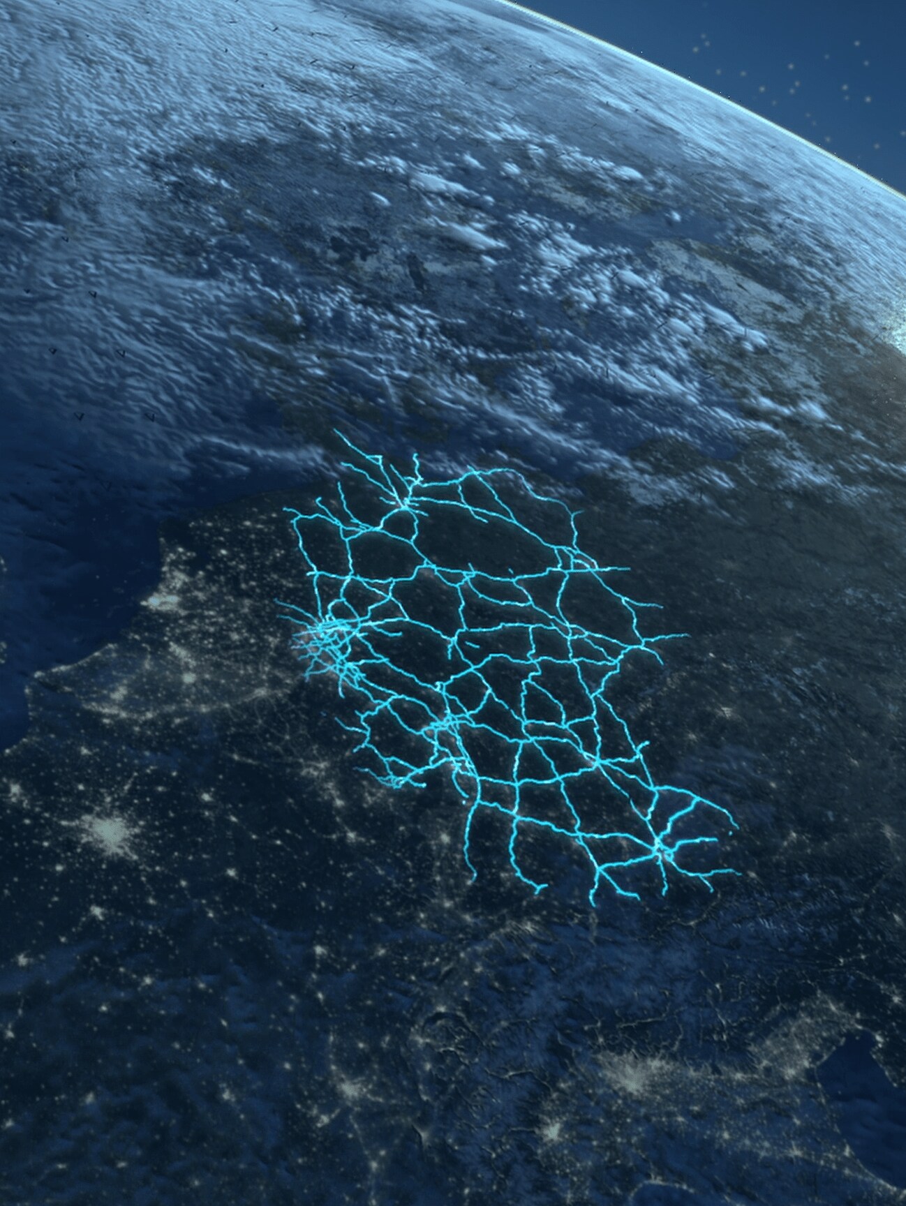 Een deel van de aardbol met een schematische weergave van het routenetwerk in Duitsland