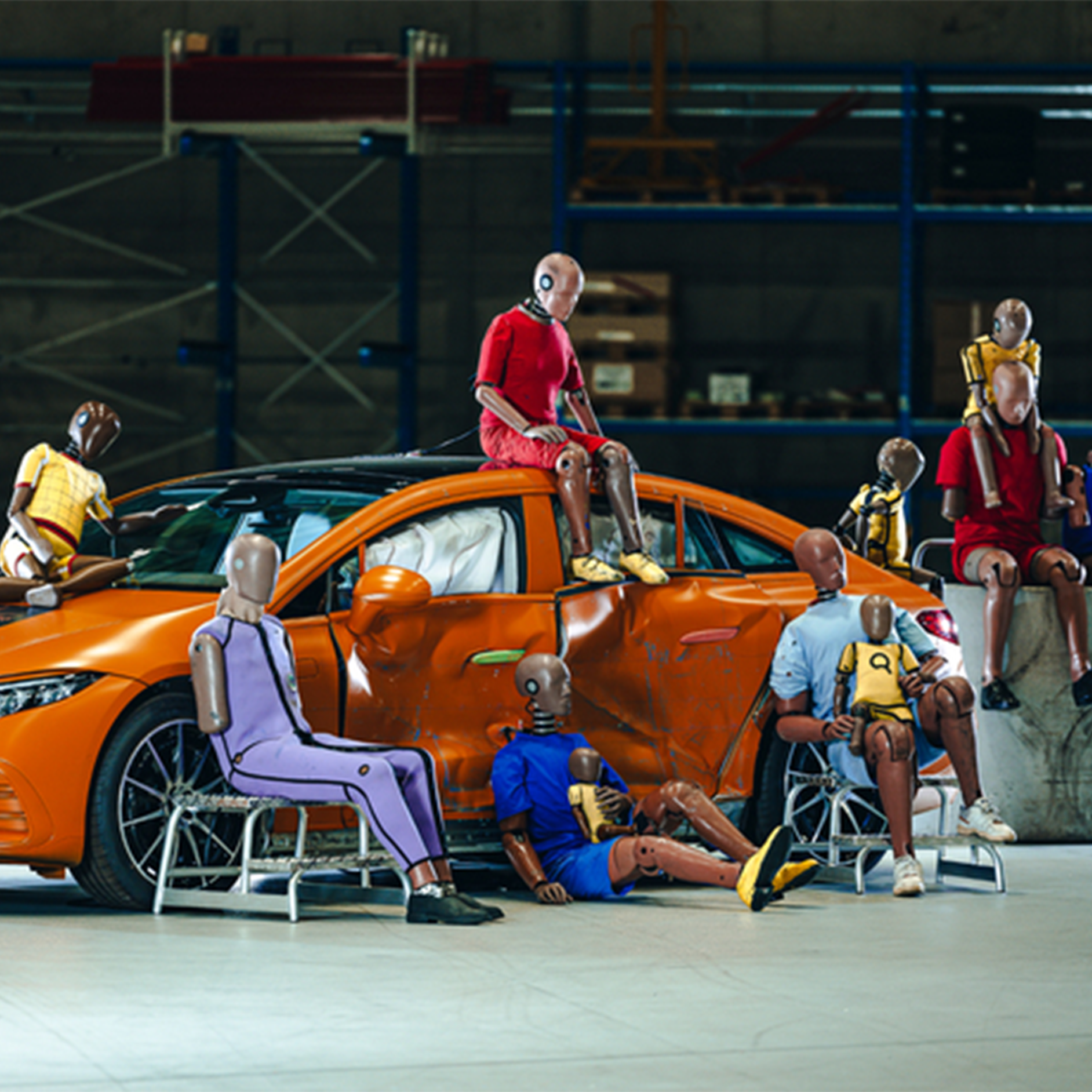 Test dummies | Veiligheid | Mercedes-Benz Meerdere crashtest dummies zitten op en rond een Mercedes-Benz.