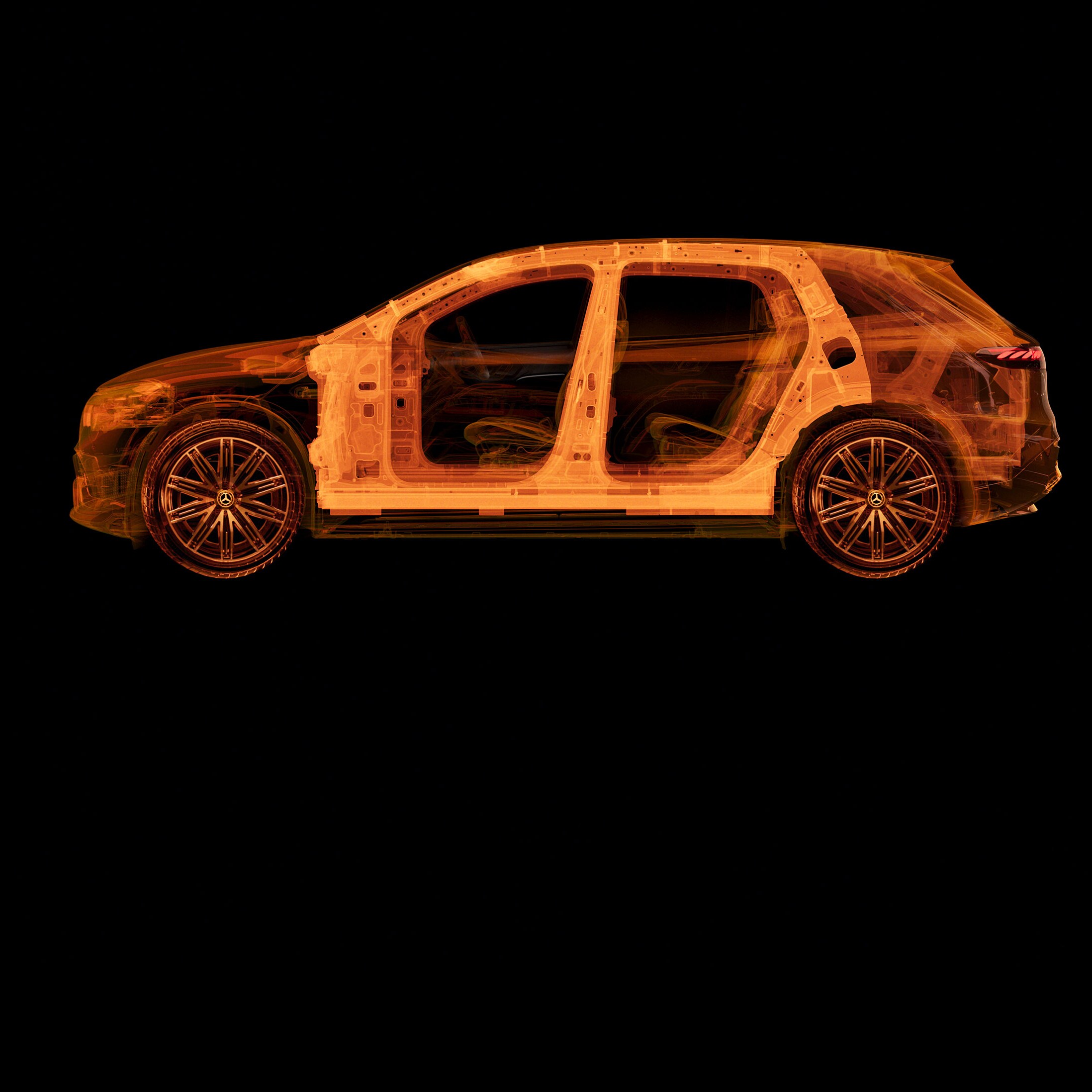 Transparant zijaanzicht van een Mercedes-Benz met interieurstructuren.
