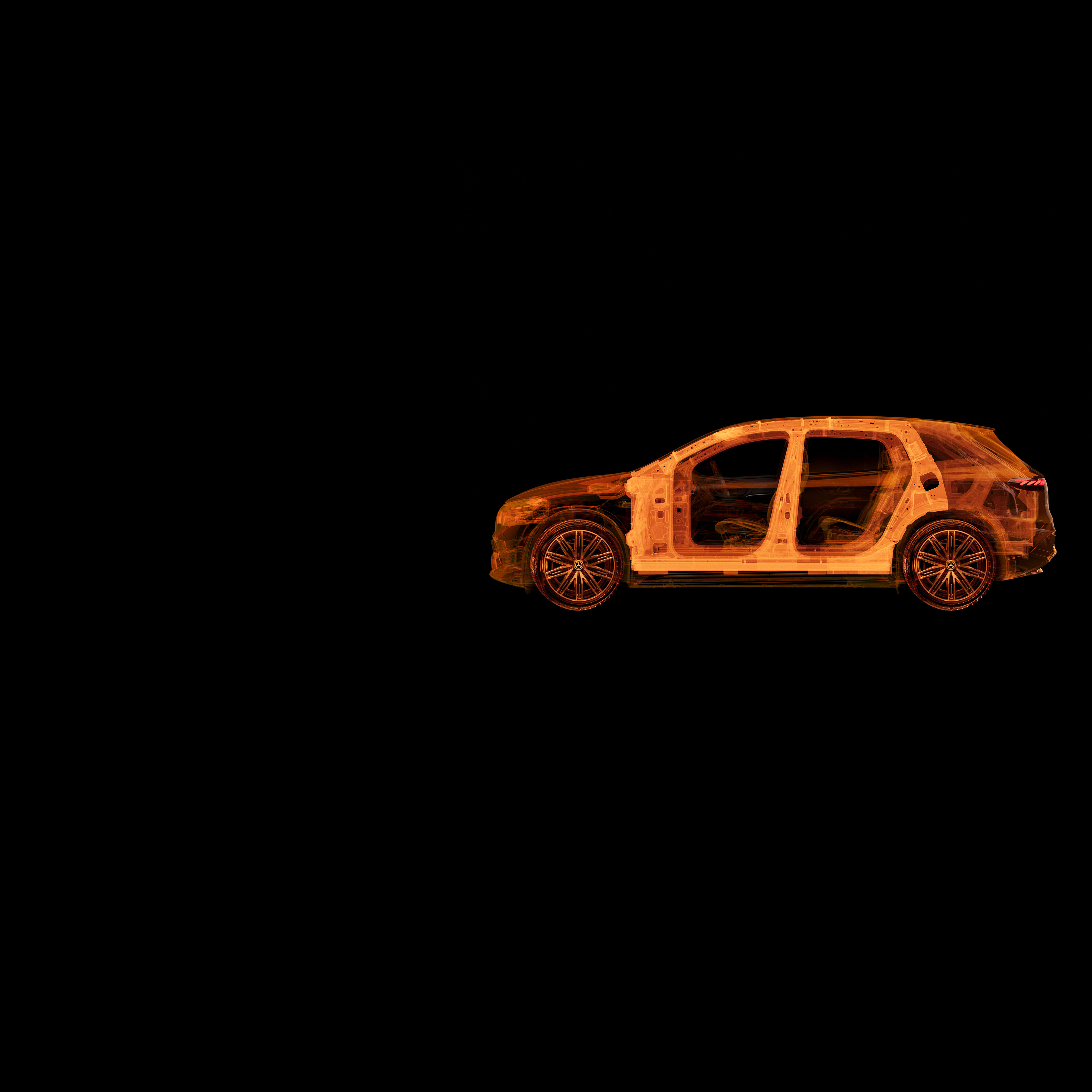 Veiligheid | Mercedes-Benz Transparant zijaanzicht van een Mercedes-Benz met interieurstructuren.