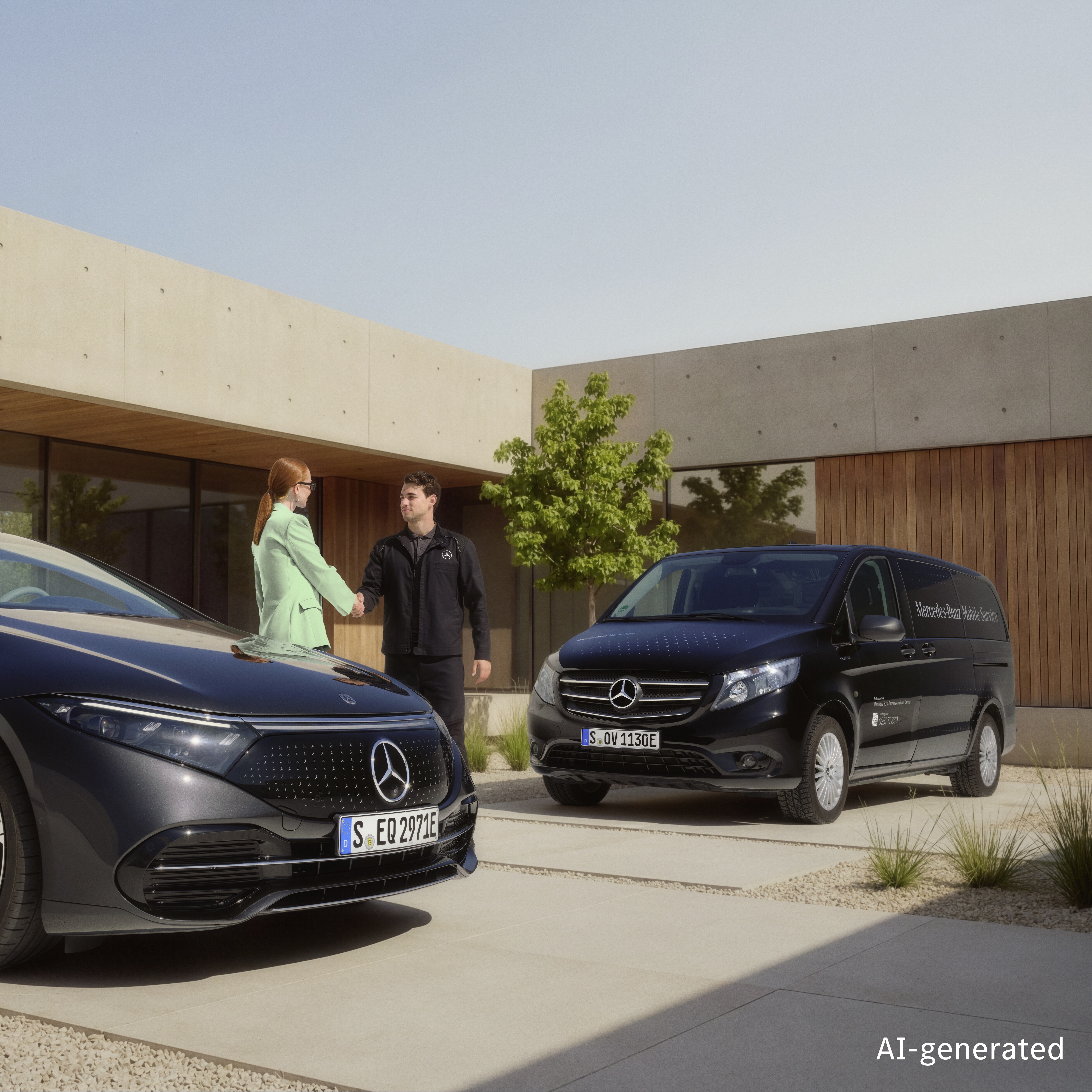 Een Mobiele Servicetechnicus van Mercedes-Benz begroet een klant met een handdruk voor een modern huis, met een Mercedes-Benz geparkeerd op de oprit en een Mobile Service-bestelbus die in de buurt staat opgesteld.