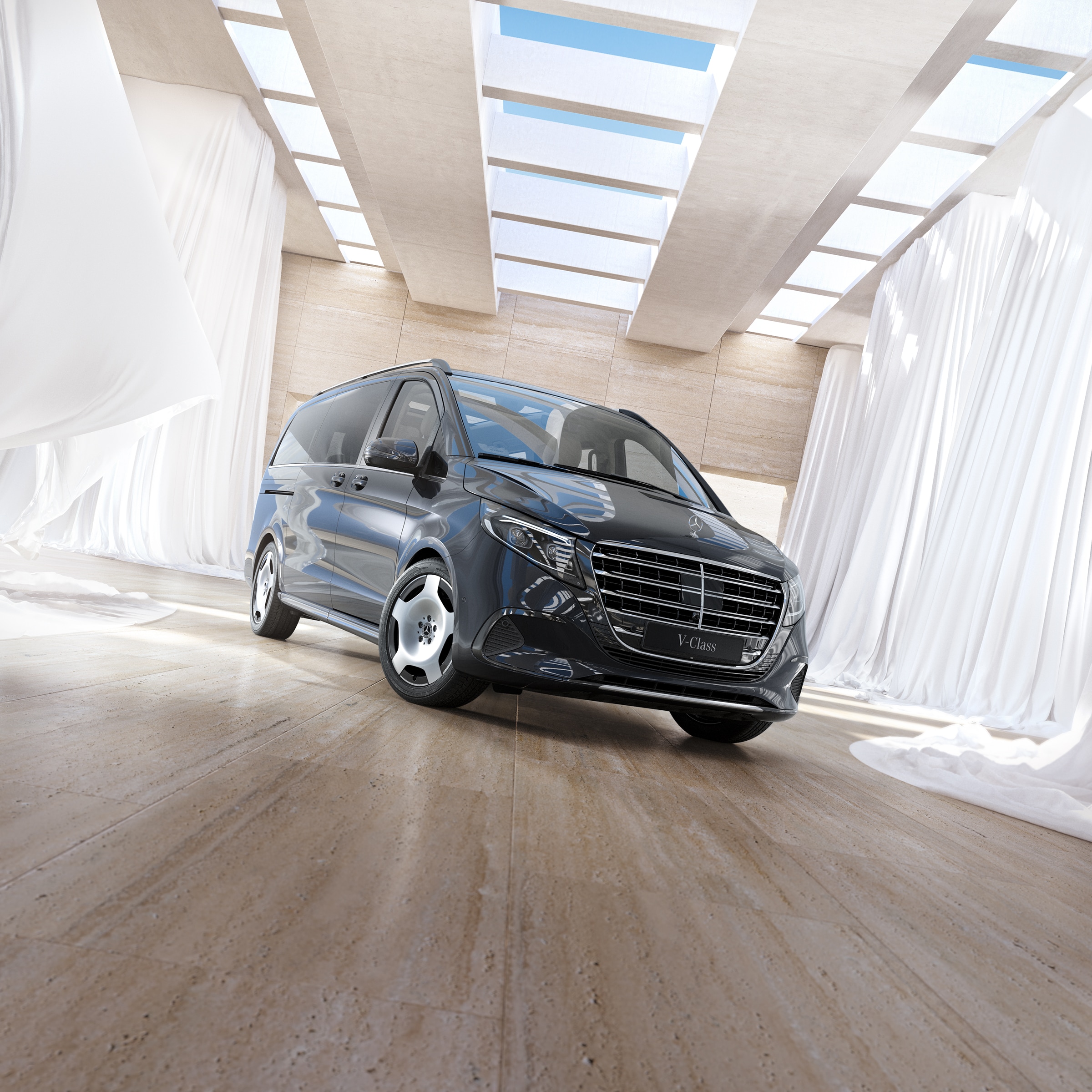 V-Klasse | Geschiedenis van bedrijfswagens | Mercedes-Benz Mercedes-Benz V-Klasse personenbusje in een licht, modern interieur met dakramen