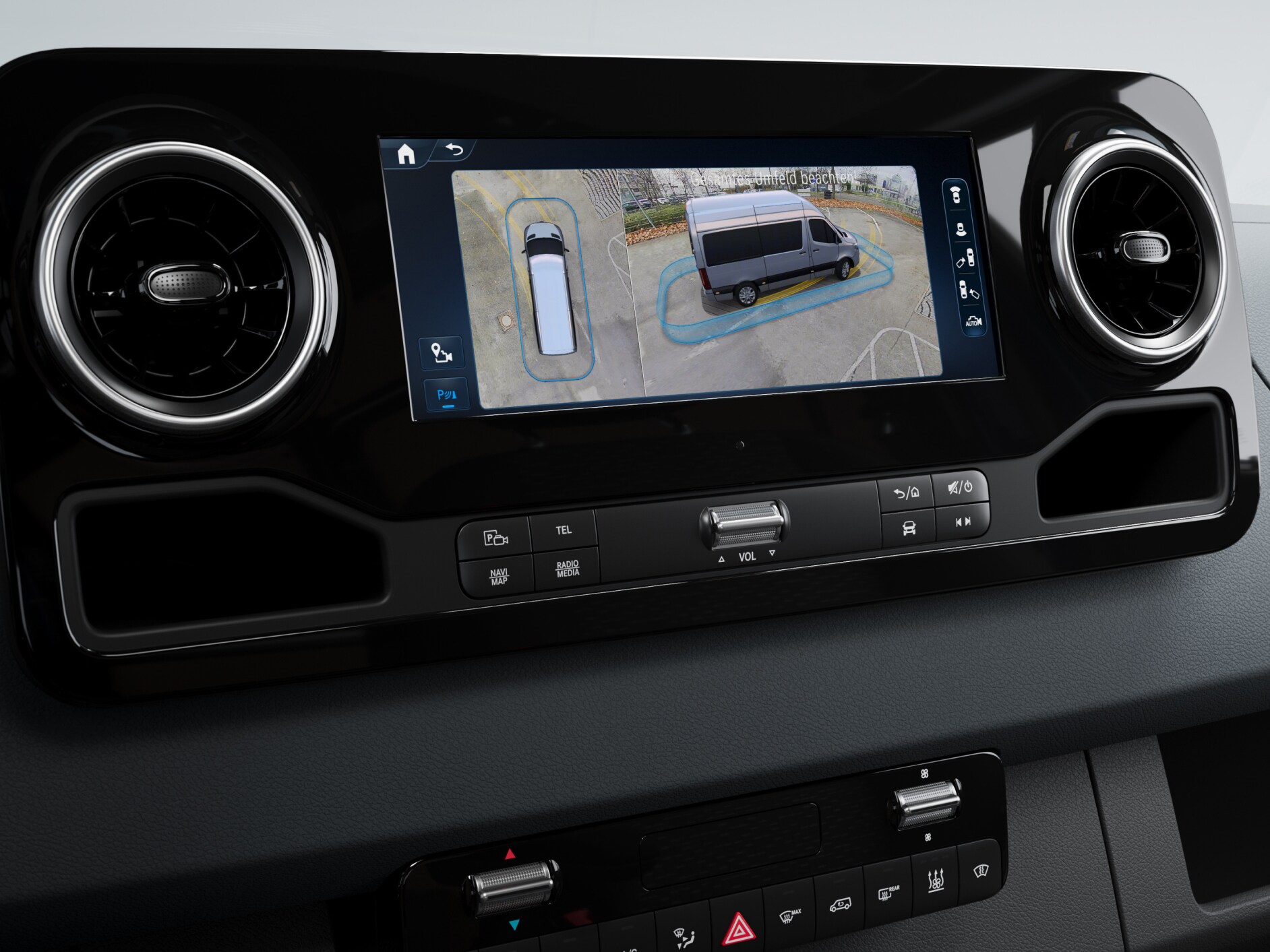3D-surround view in een Mercedes-Benz bedrijfswagen.