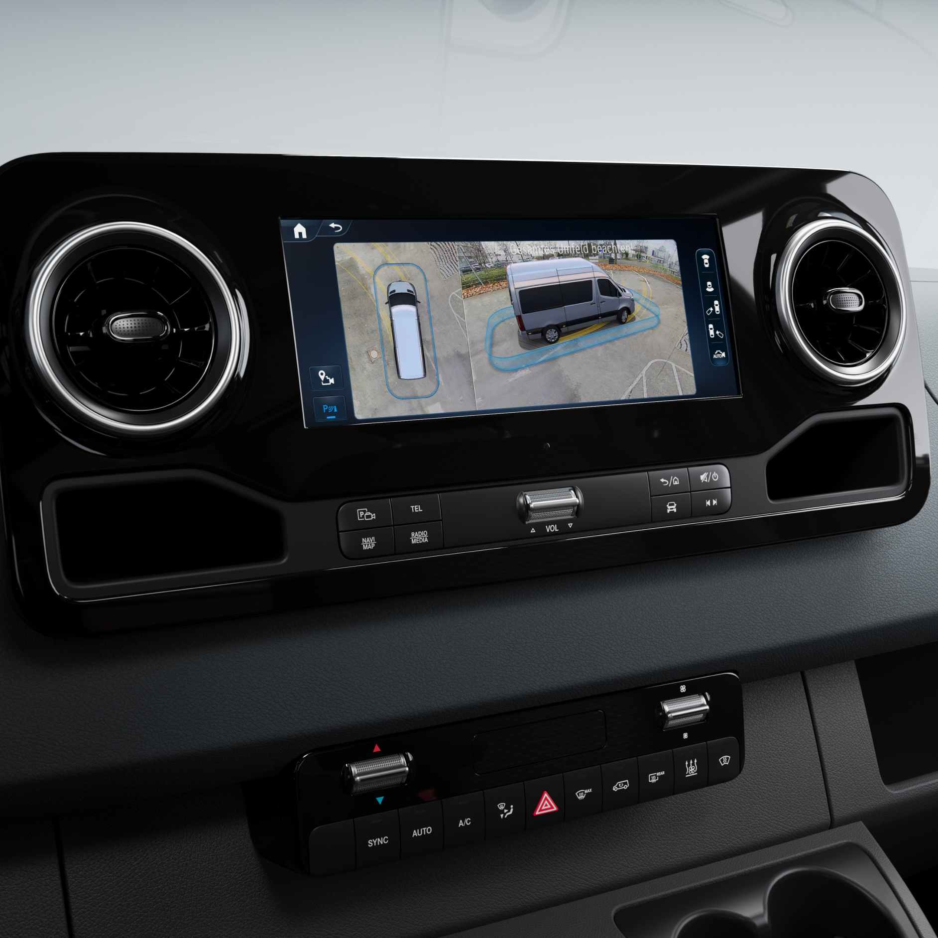 Voertuigfuncties | Assistentiesystemen | Mercedes-Benz 3D-surround view in een Mercedes-Benz bedrijfswagen.