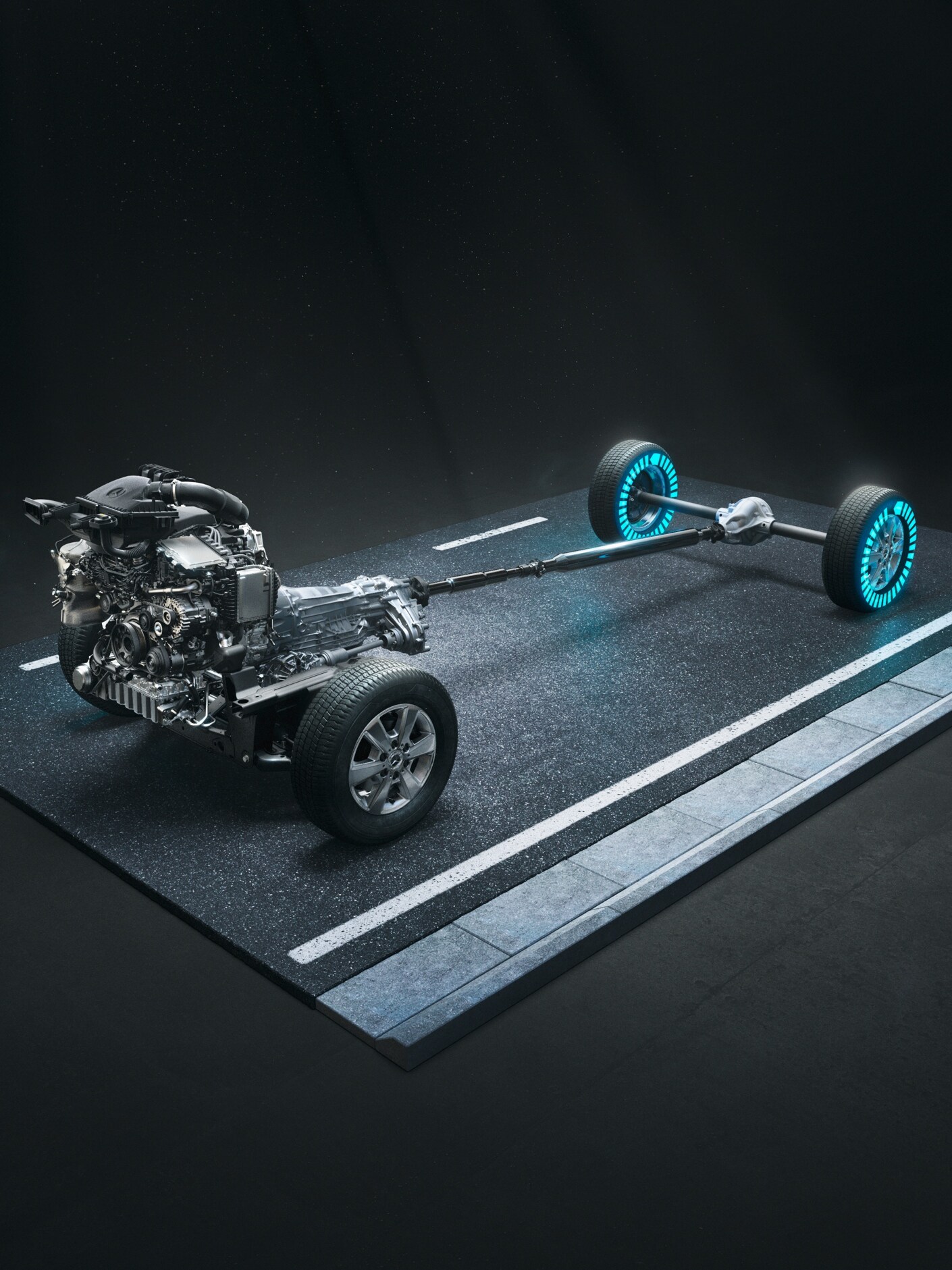 De 4x4 vierwielaandrijving met torque on demand van de Sprinter Chassiscabine met open laadbak.