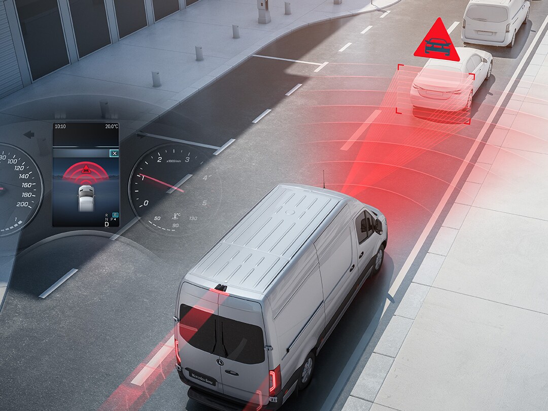 Rijassistentiesysteem weergegeven in het verkeer met de Mercedes-Benz Sprinter Gesloten Bestelwagen.