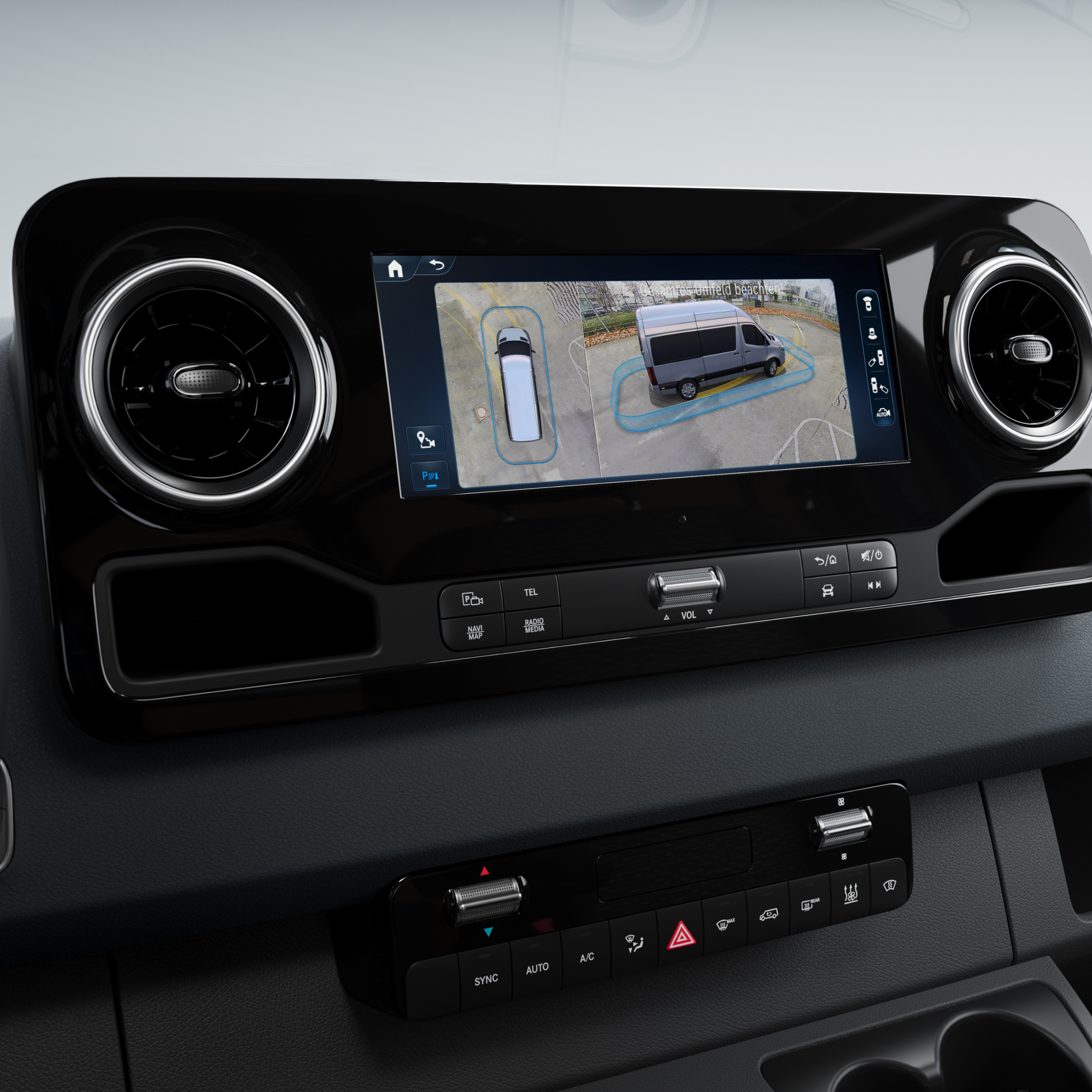 MBUX multimediasysteem | 3D-surround view | Mercedes-Benz 3D-surround view in het MBUX multimediasysteem in een Mercedes-Benz bestelwagen.