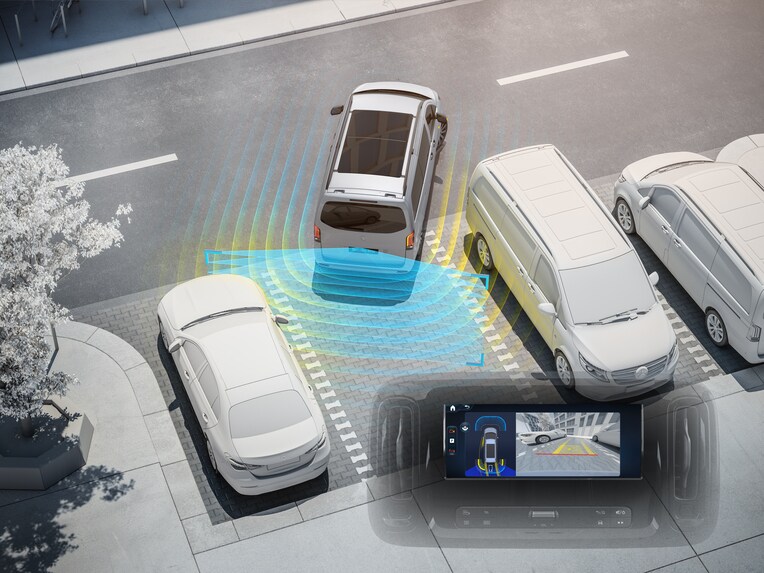 Illustratie van het parkeerpakket met achteruitrijcamera voor de Mercedes-Benz Vito.