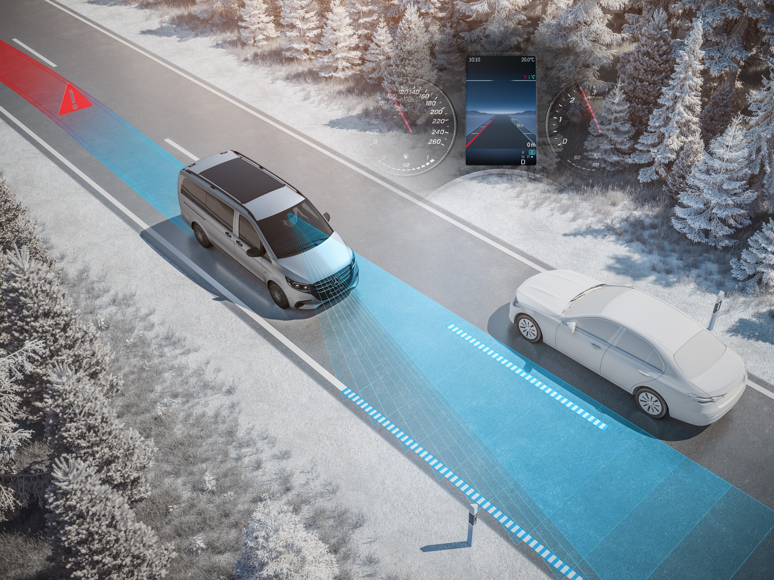 Illustratie van de actieve spoorassistent voor Mercedes-Benz Vito-modellen.