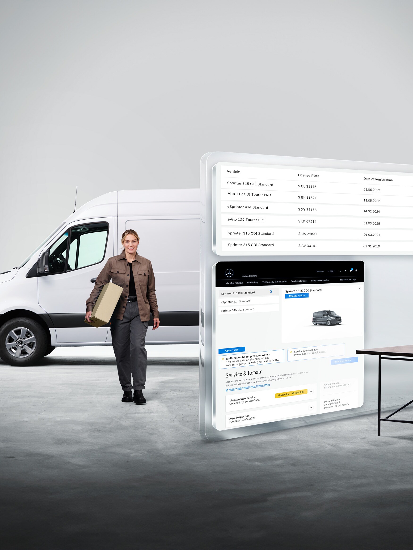 Grote computerschermen met weergave van Mercedes-Benz Van Uptime monitoring. Een bezorger staat voor een witte Mercedes-Benz Sprinter op de achtergrond.