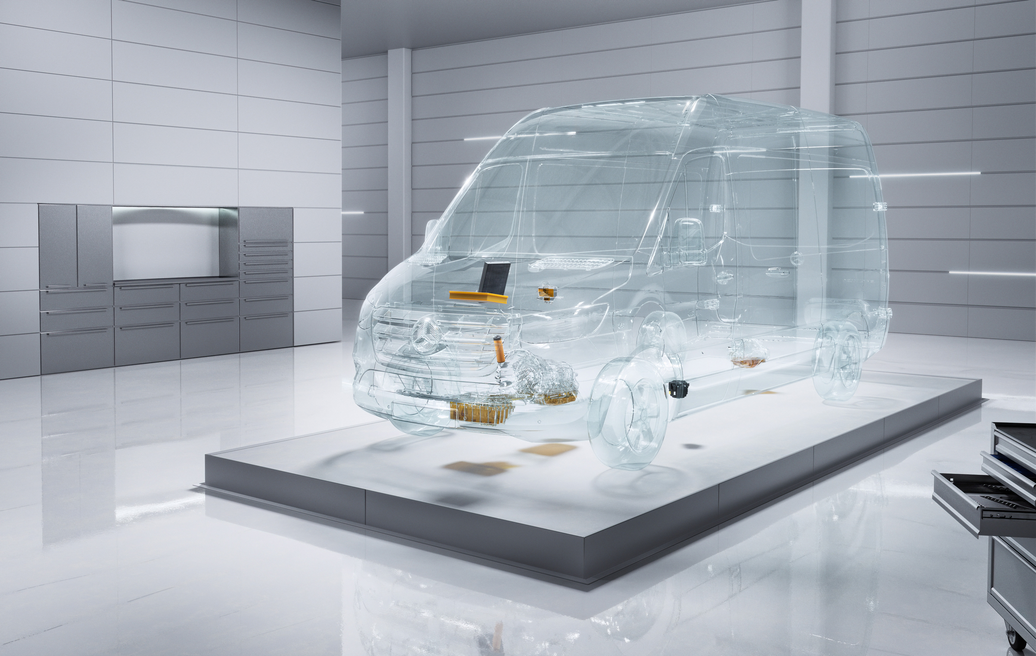 Mercedes-Benz | Bestelwagen Fleet Services | ServiceCare Een virtuele transparante Mercedes-Benz Sprinter-bestelwagen in een werkplaats.