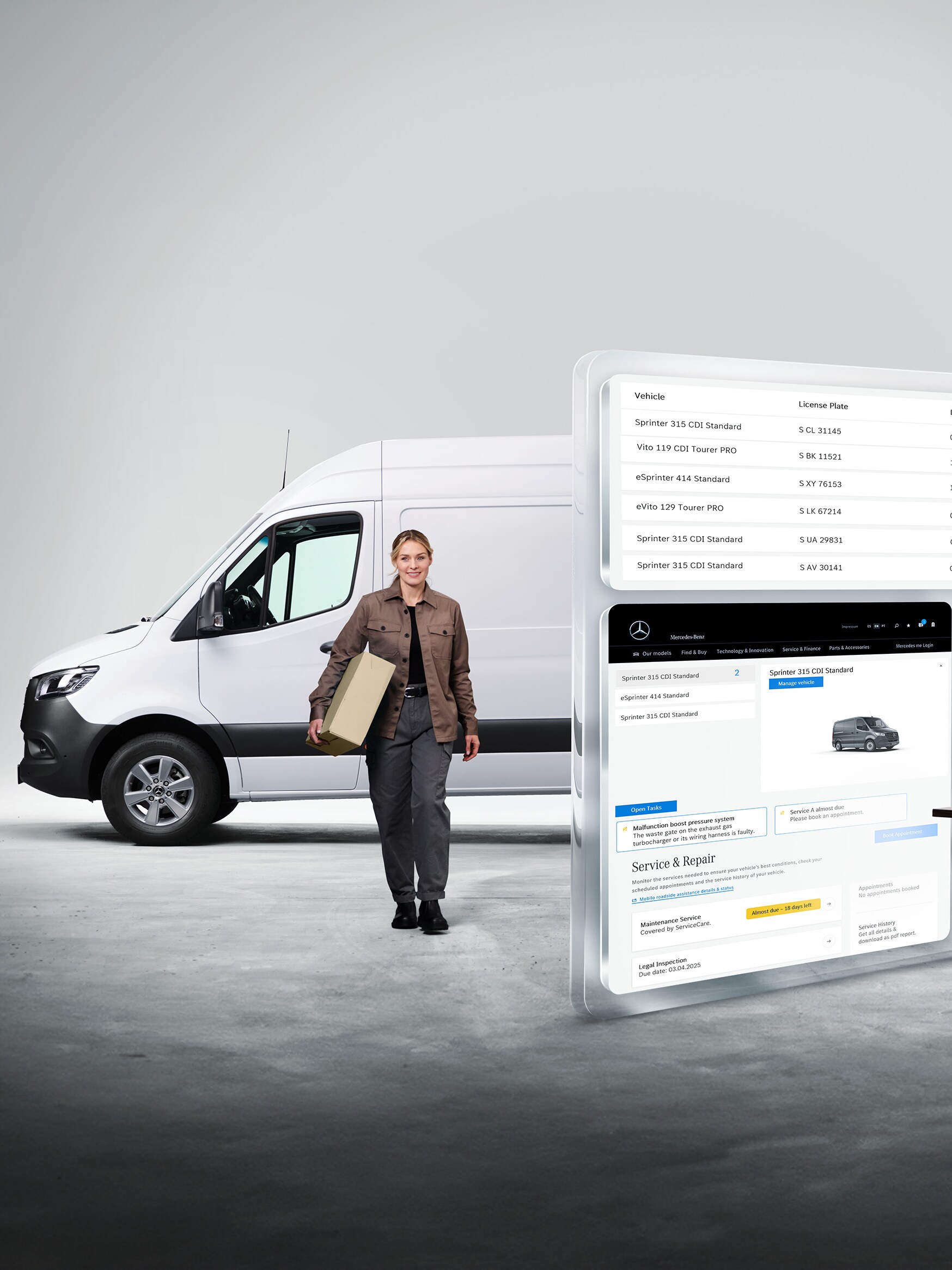 Man die het wagenpark via een laptop bewaakt, Mercedes-Benz Van Uptime Monitor voor maximale beschikbaarheid.