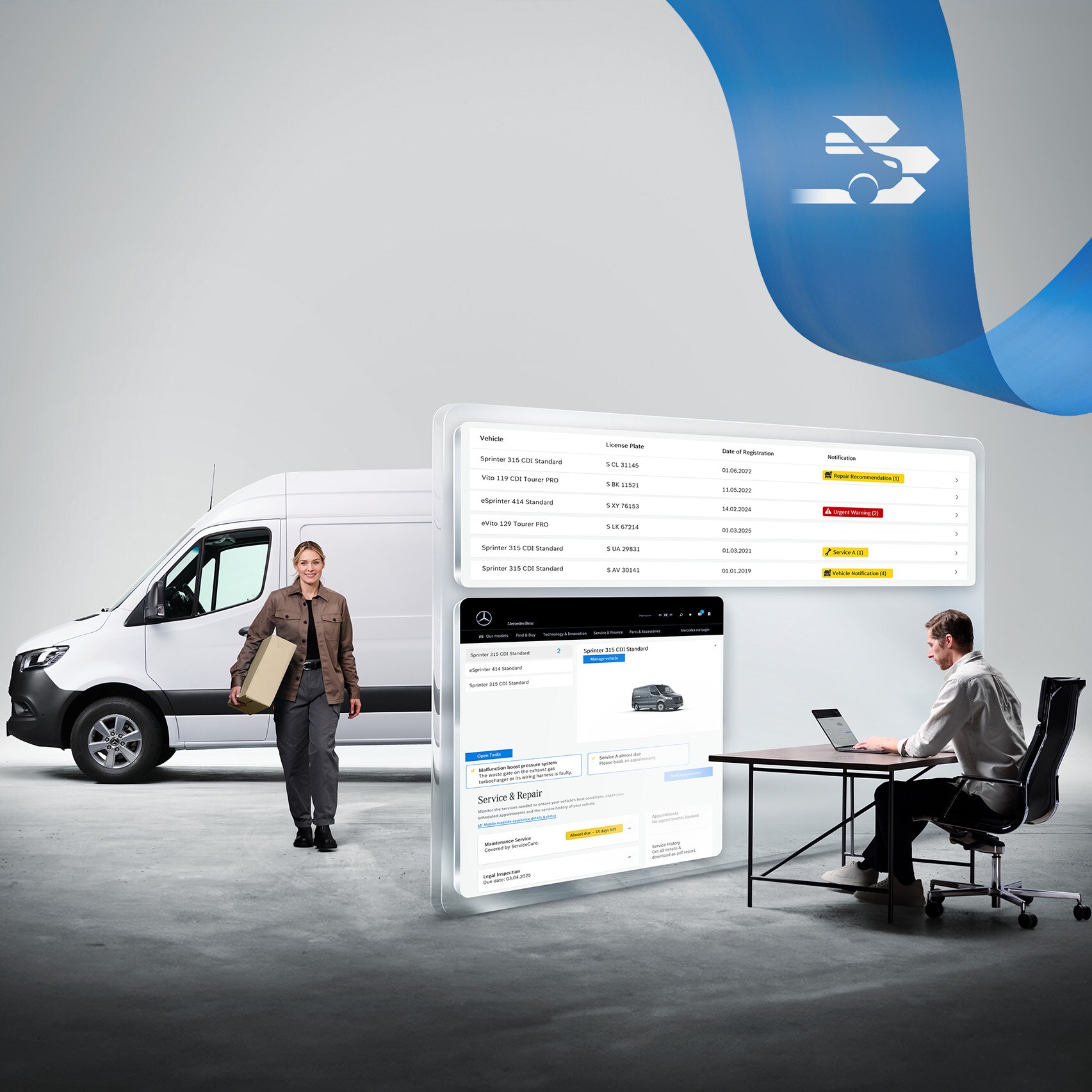 Een man die het wagenpark via een laptop bewaakt en een bezorgster die op de achtergrond uit haar witte Sprinter-bestelwagen stapt.