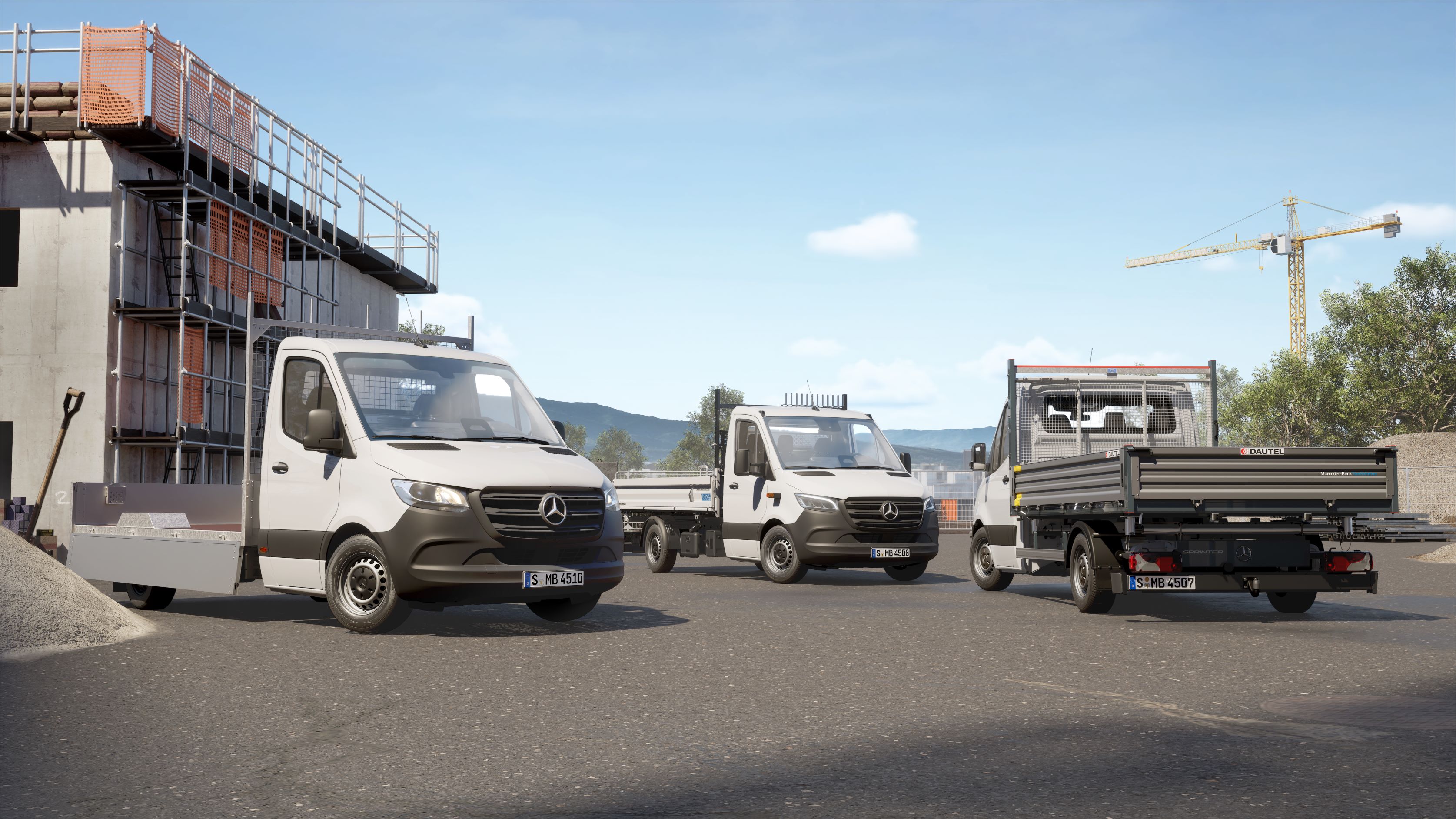 VanSolution | Sprinter | Mercedes-Benz Diverse Sprinter-voertuigen met open laadopbouw en kipperopbouw.