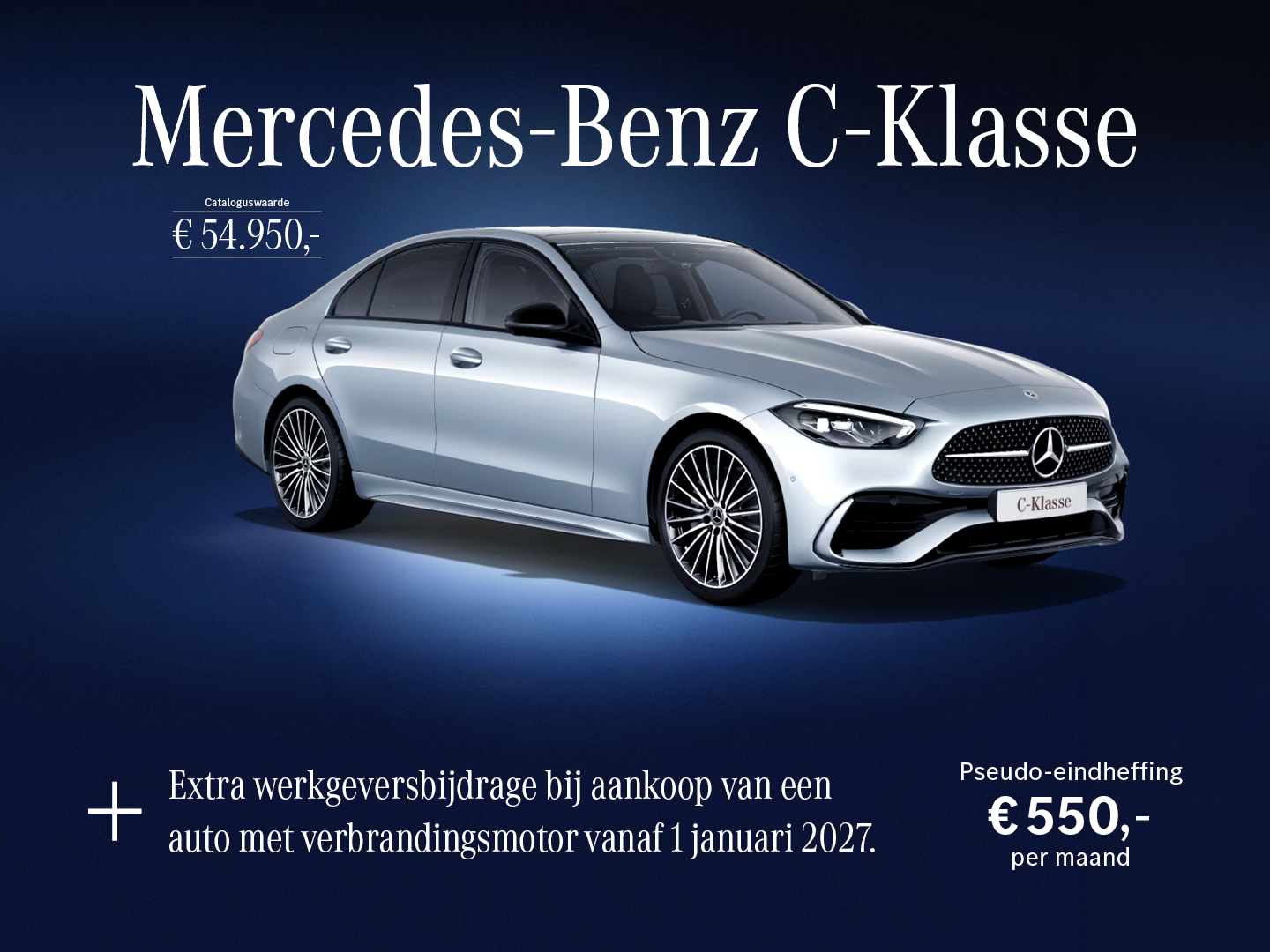 Rekenvoorbeeld pseudo-eindheffing Mercedes-Benz C-Klasse Limousine me maandelijkse leaseprijs en complete kostenbreuk inclusief brandstof, verzekering en onderhoud.