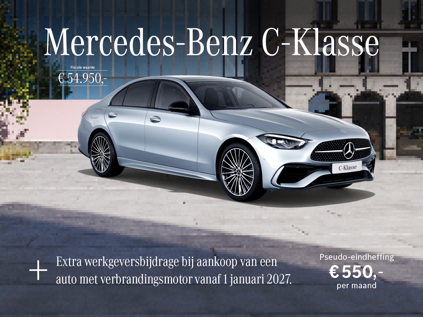 Rekenvoorbeeld pseudo-eindheffing Mercedes-Benz C-Klasse Limousine me maandelijkse leaseprijs en complete kostenbreuk inclusief brandstof, verzekering en onderhoud.
