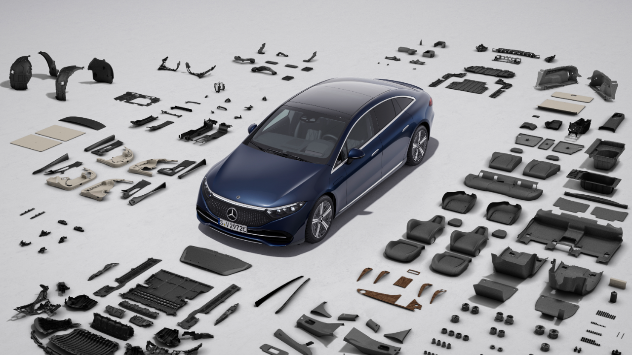 In totaal 287 onderdelen gemaakt van grondstofbesparende materialen voor de EQS In totaal 287 onderdelen gemaakt van grondstofbesparende materialen voor de EQS